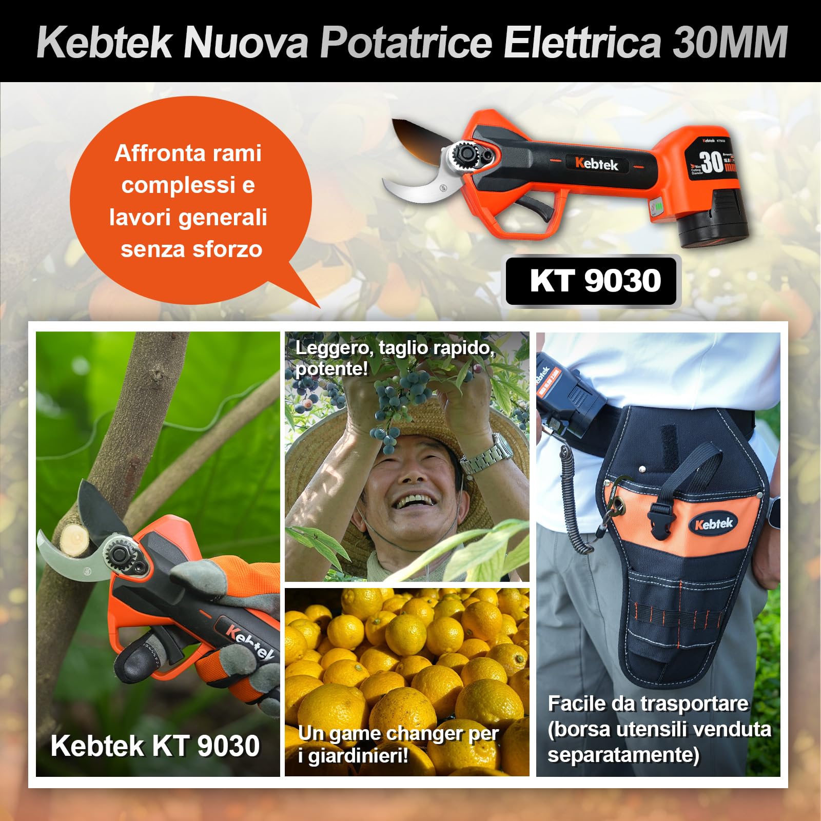 Kebtek KT9030 Forbici Da Potatura 30mm Con 2 Batterie 2500mAh 16,8V | Ideali Per Rose, Arbusti E Alberi Da Frutto, Leggere E Facili Da Usare Per La Potatura Quotidiana
