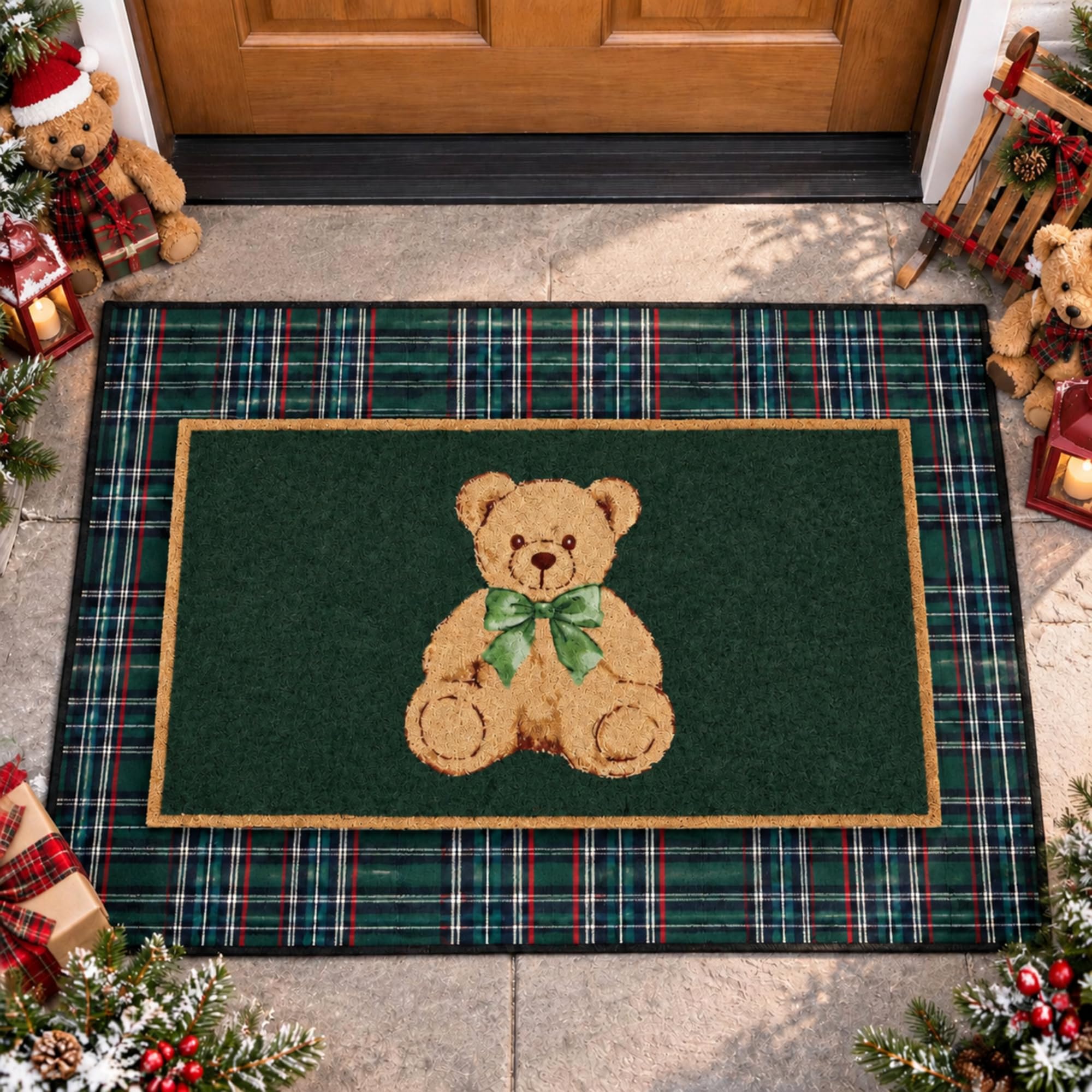 Dunzy 2 Pcs Christmas Green Plaid Rugs Teddy Bear Non Slip Mats Set