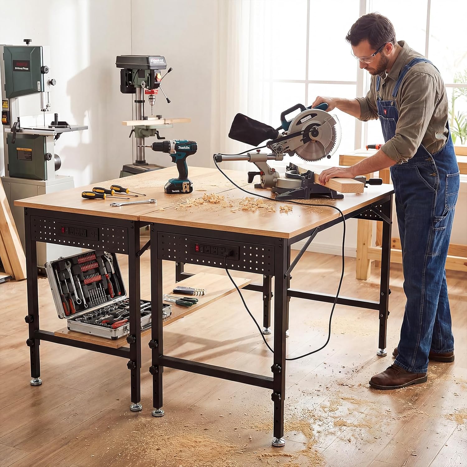 48" Adjustable Heavy Duty Workbench - 2000LBS Load Capacity Wood Work Table with Power Strip, Pegboard with 6 Hooks - Ideal Workbench for Garage, Workshop, Office, Home, Commercial Use