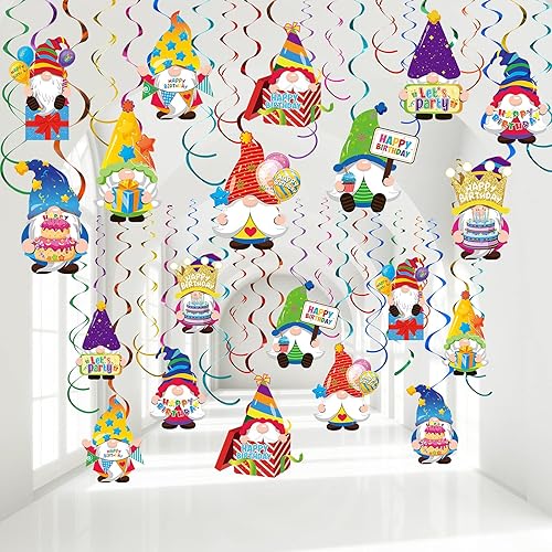 Nezyo 30 decoraciones de gnomos para fiesta de cumpleaños, decoración de remolinos de feliz cumpleaños, espirales colgantes, serpentinas de techo