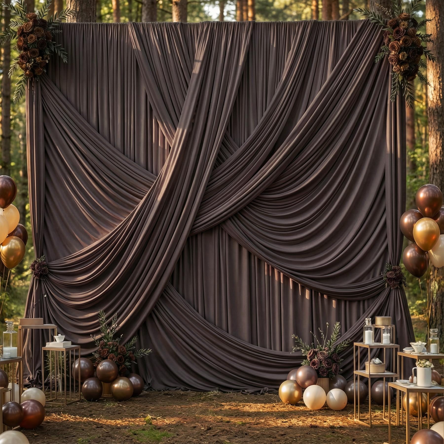 Photo 1 of 50ft×12ft Brown Backdrop Curtains for Wedding Parties, 10 Panels Wrinkle Free Polyester Photo Backdrop Drapes Back Drop Cloth for Birthday Photography Background