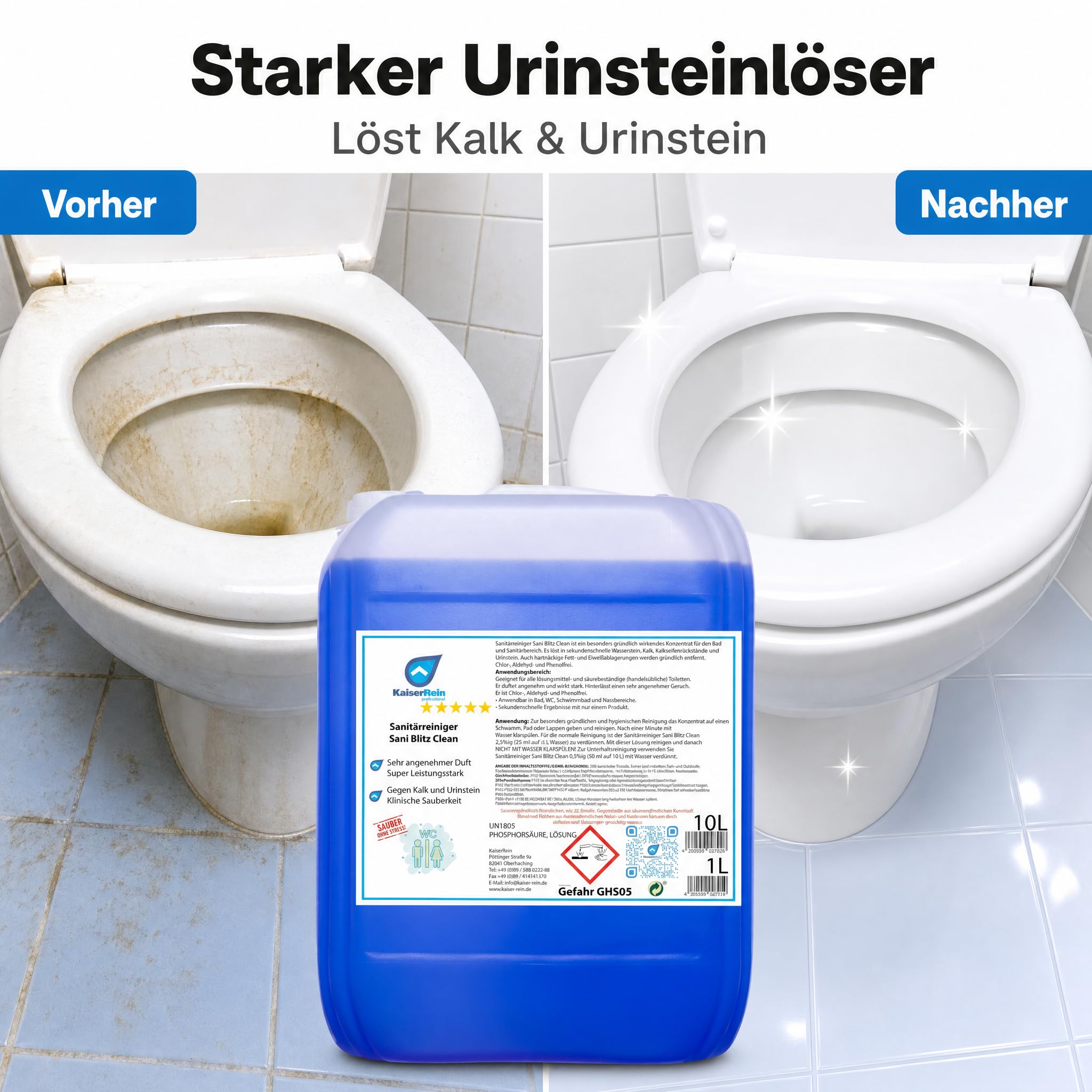 KaiserRein WC Reiniger Sani Blitz Clean, extra starker Profi-Sanitärreiniger & Urinsteinentferner, Konzentrat im 10 L Kanister, löst Kalk, Wasserstein & Kalkseifen, für Bad, Dusche, WC, Fliesen