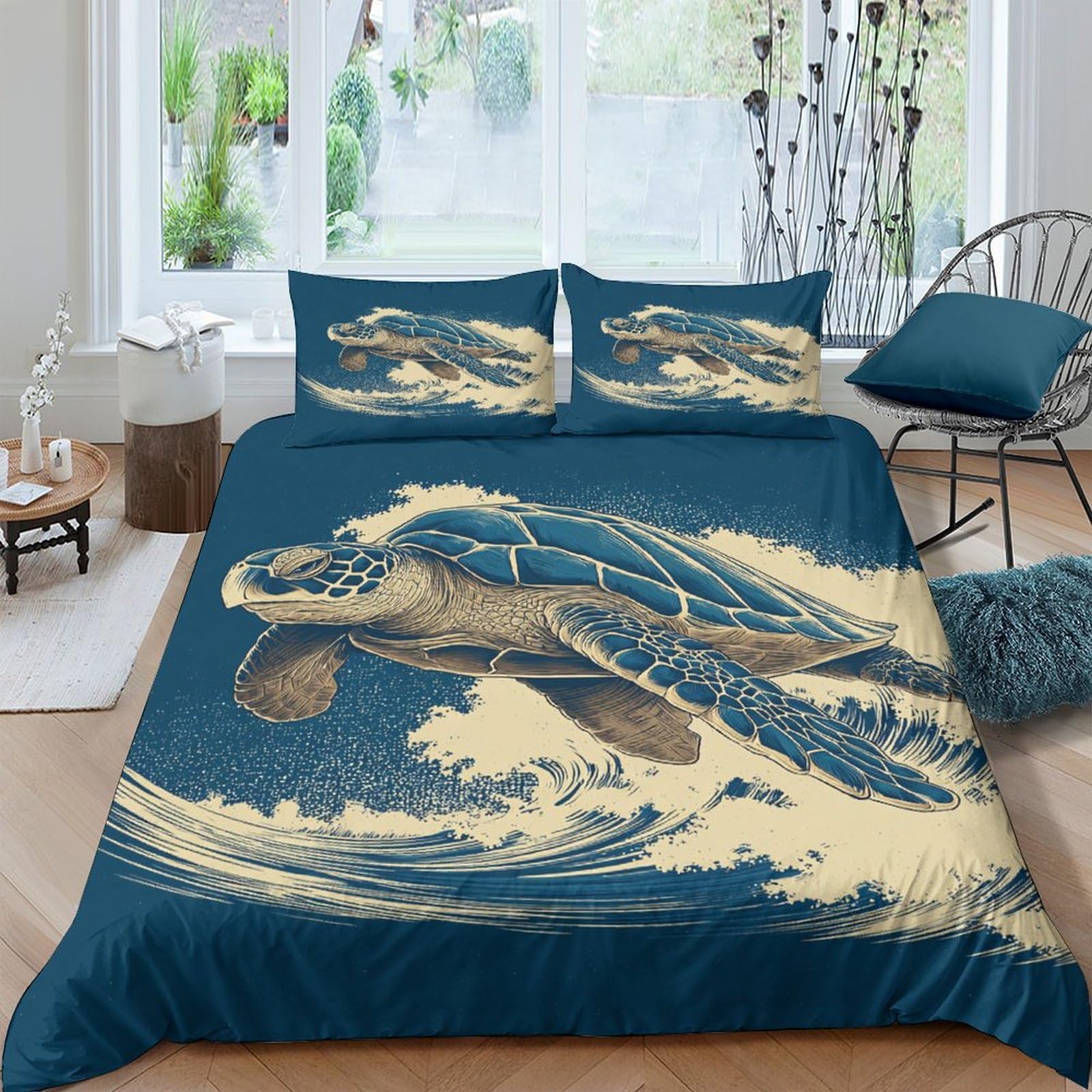 Ctjqhvkz Style-4 3D Printed Sea Turtle Fitted Sheet Microfiber Soft Blue Ocean Wave Bed Cover For Bedroom Dorm Mattress Decor Single（135X200cm）