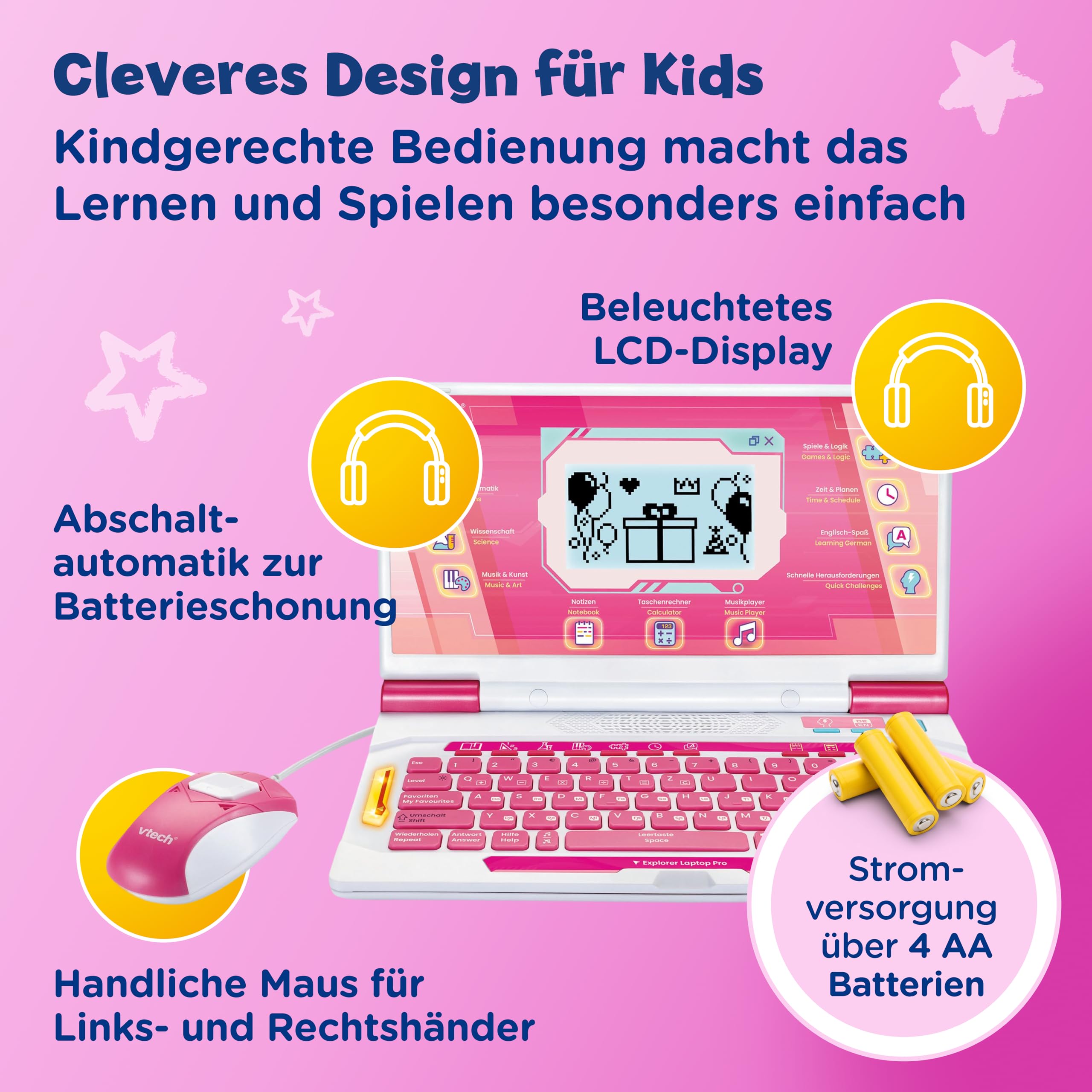 VTech Explorer Laptop Pro Pink - 164 Lernspiele Deutsch Englisch