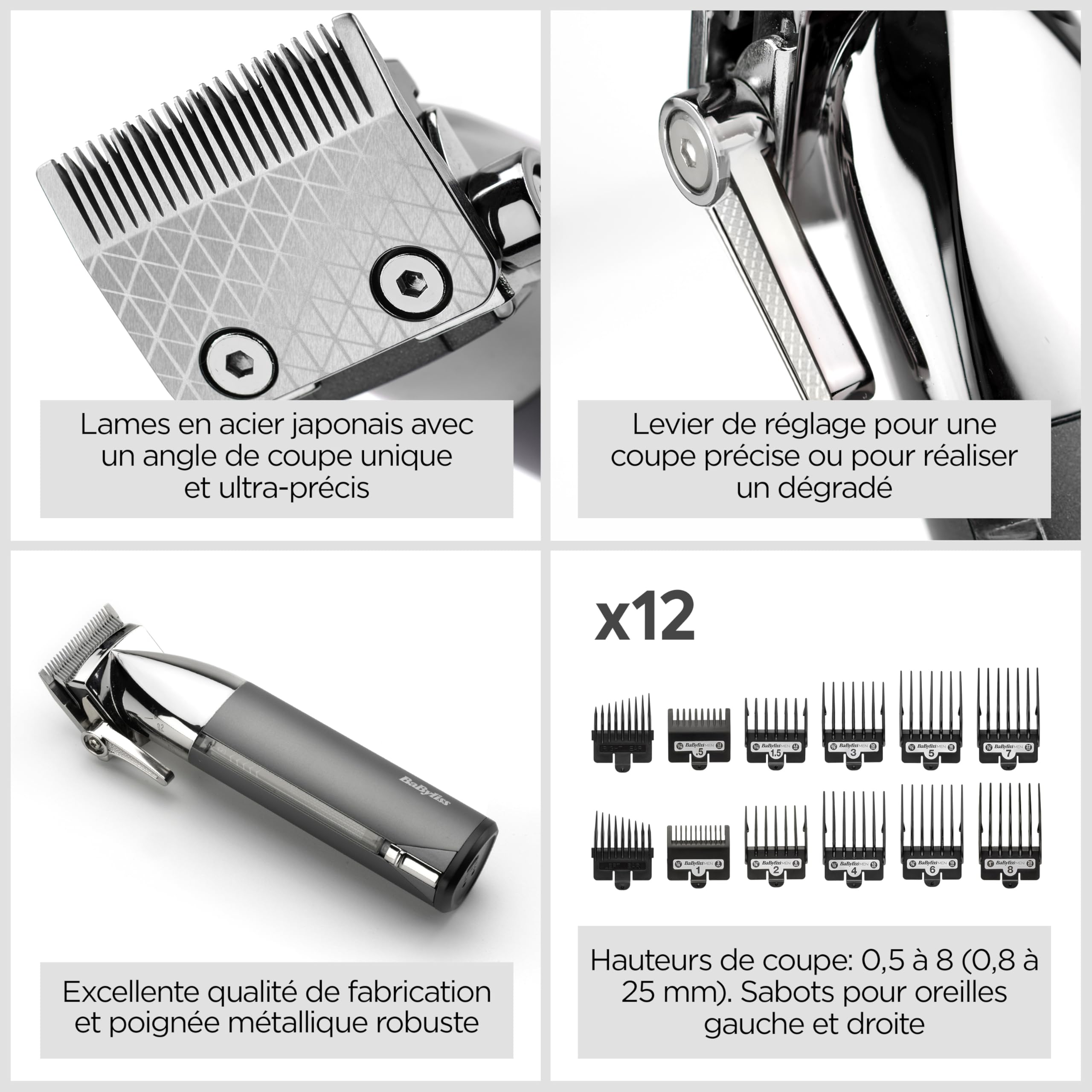 BaByliss Tondeuse cheveux sans fil Super-X Metal, Lames en acier japonais, 10 sabots, 2 sabots oreille, Batterie lithium, affichage digital, Poignée en métal, noir, E996E