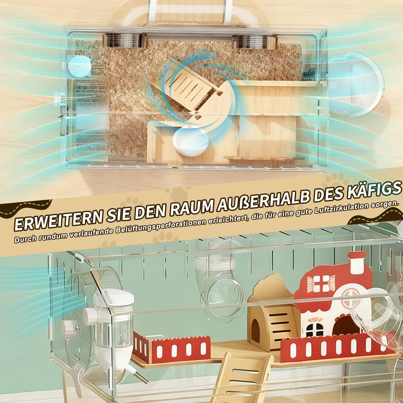 Jaula para hámster túnel de lujo, diseño panorámico transparente de acrílico, valla de bricolaje para animales pequeños con accesorios completos, jaula de madera estilo jardín para ardillas