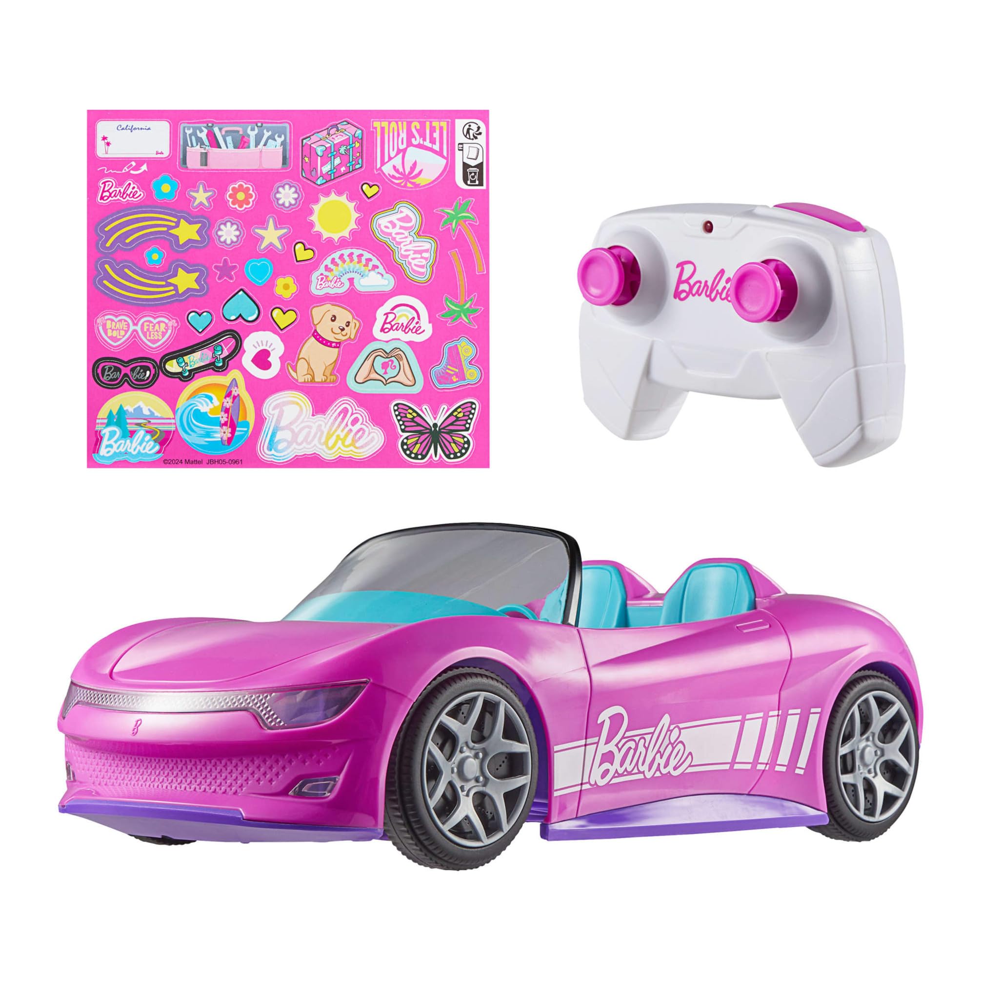 Hot Wheels Barbie Descapotable teledirigido, coche rosa de juguete por control remoto con capacidad para dos muñecas Barbie, con maletero que se abre y hoja de pegatinas para personalizarlo, JBH05