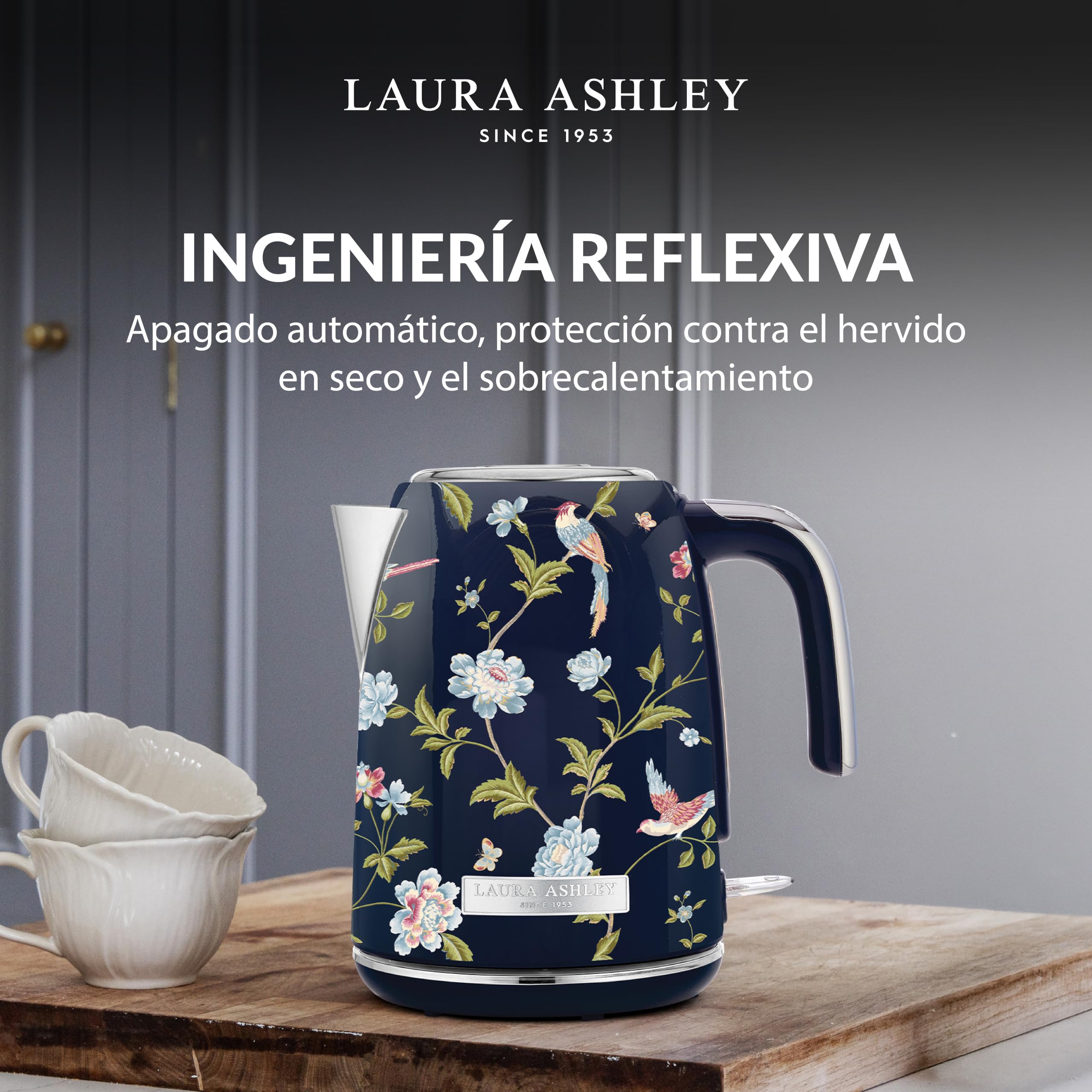 VQ Laura Ashley Elveden Navy Hervidor de Agua Eléctrico 1,7 L | 2,2 kW Ebullición Rápida y Silencioso, Vertido Sin Goteo, Filtro Antical, Eficiente Energéticamente e Indicador de Nivel