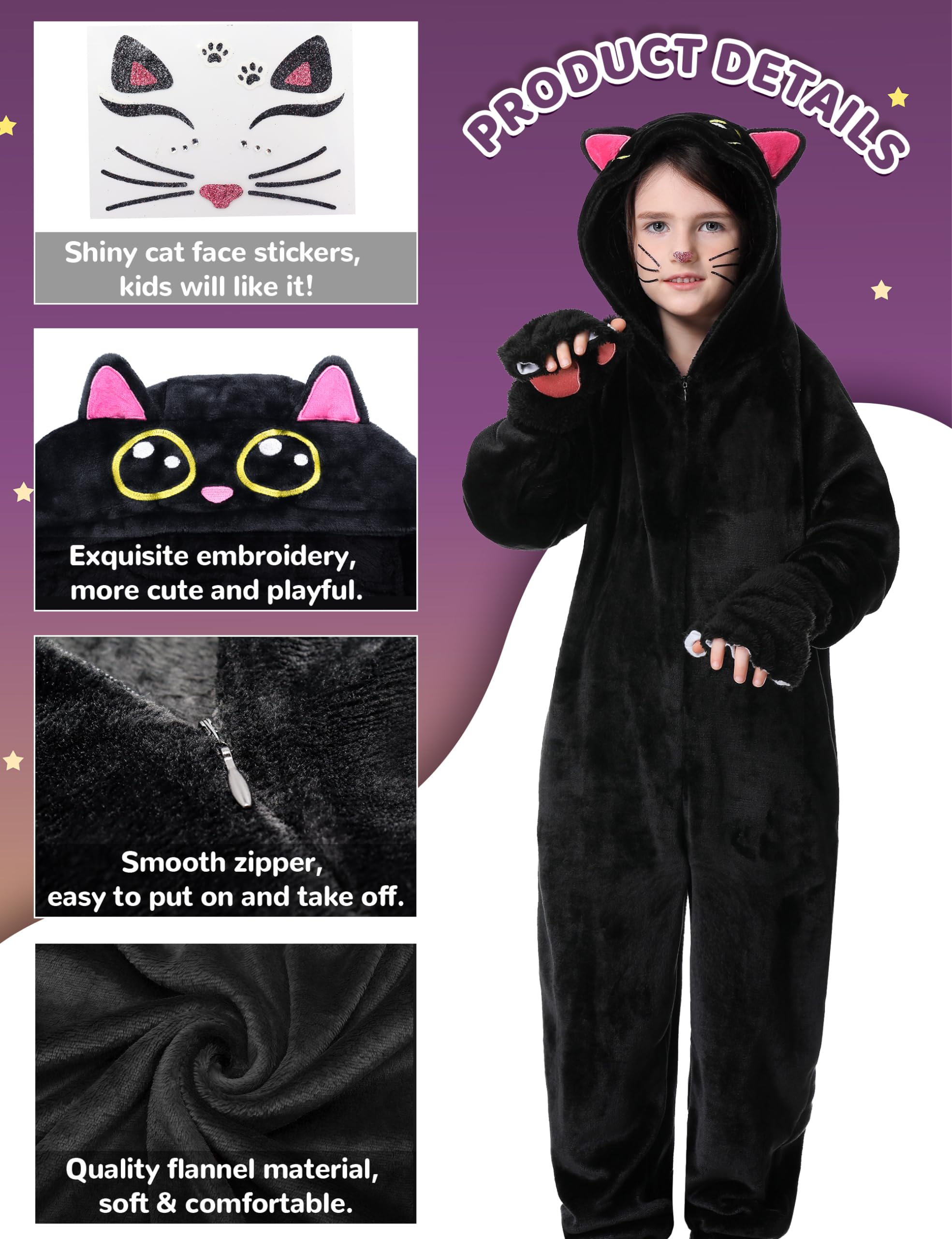Ragelion Cat Costumes for Kids Girls Boys Animal Onesie Girls Cat Halloween Costumes Super Soft Flannel Pyjamas Sleepsuit (150cm) - Image 3