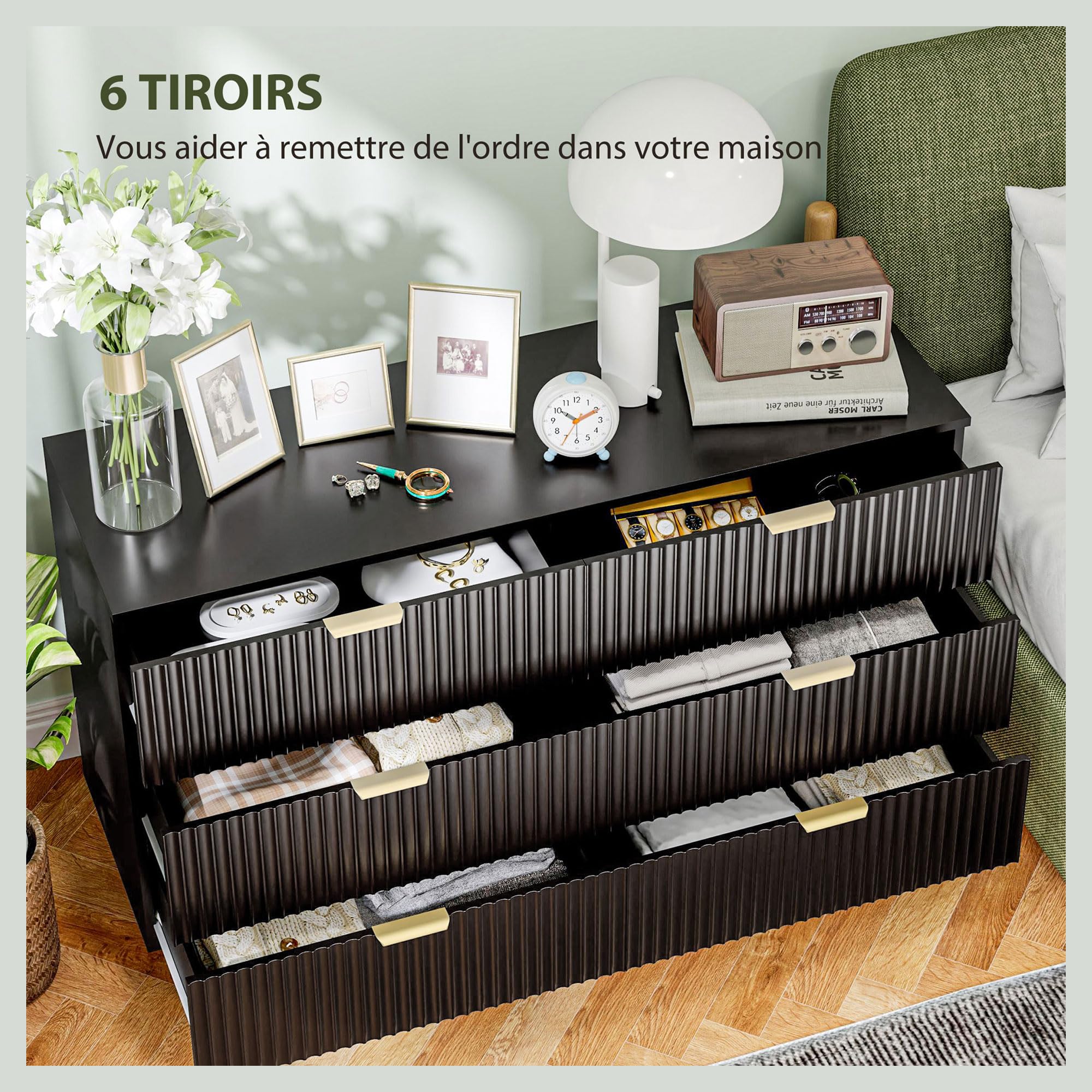 HOMCOM Commode 6 tiroirs Commode Chambre Meuble de Rangement Moderne avec poignées et Pieds dorés, pour Chambre à Coucher, Salon, dim. 120 x 40 x 76,5 cm, Noir