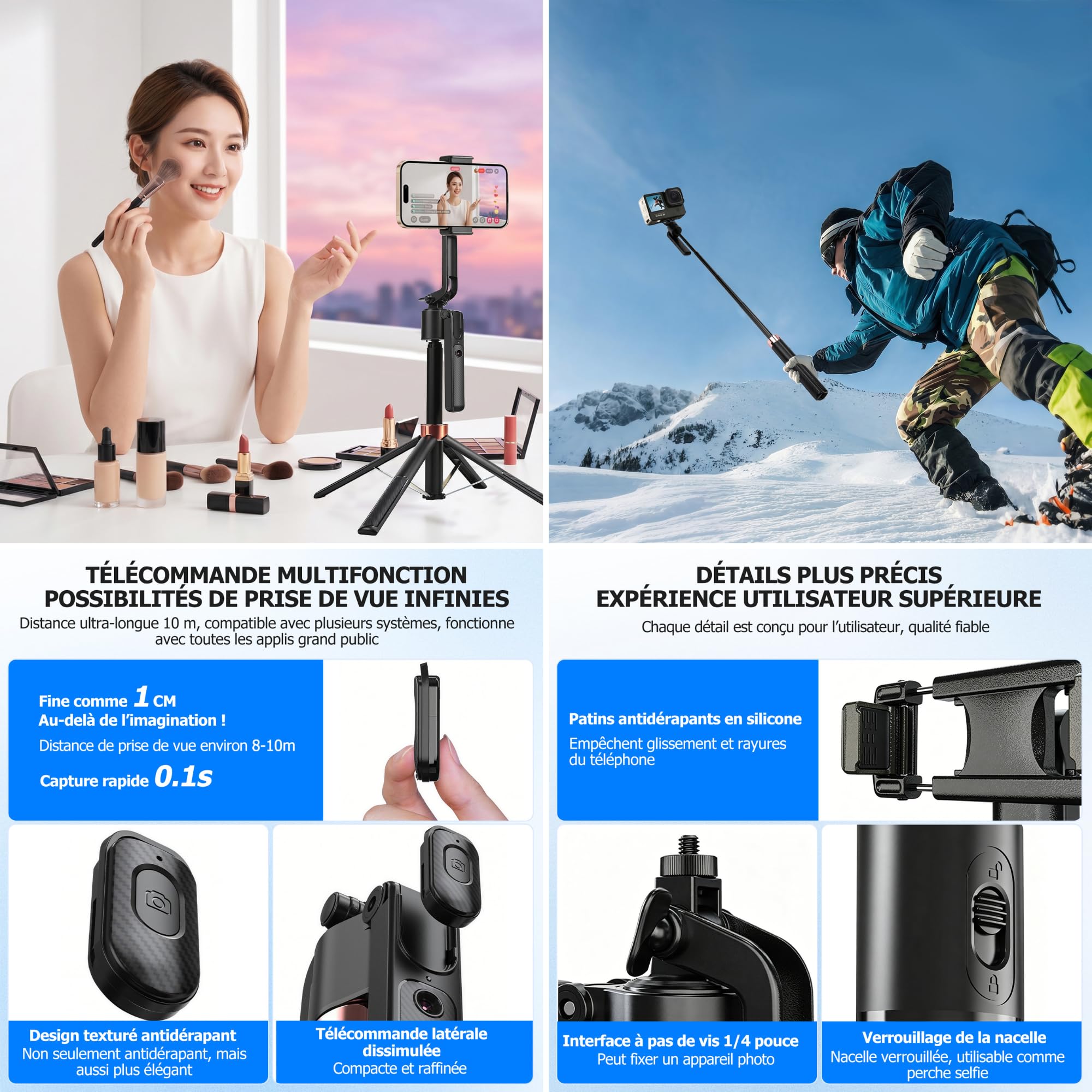 Trépied de téléphone portable pour smartphone - Rotation à 360° - Perche à selfie automatique avec 4 pieds - 160 cm - Avec télécommande - Contrôle par gestes - Pour Vlog Live Stream Travel