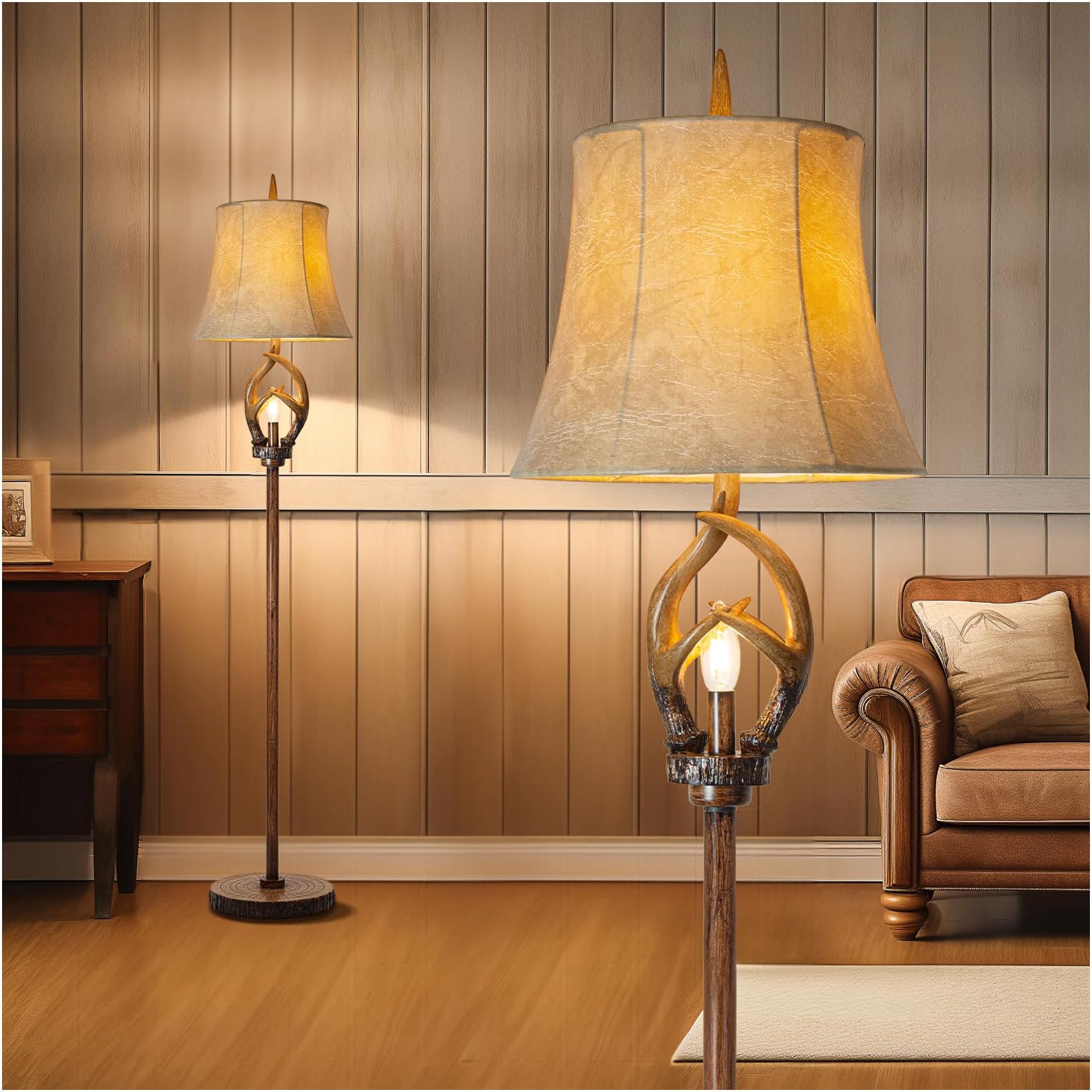 Rustic Farmhouse Antlers Floor Lamp with Night Light Faux leather Bell ...