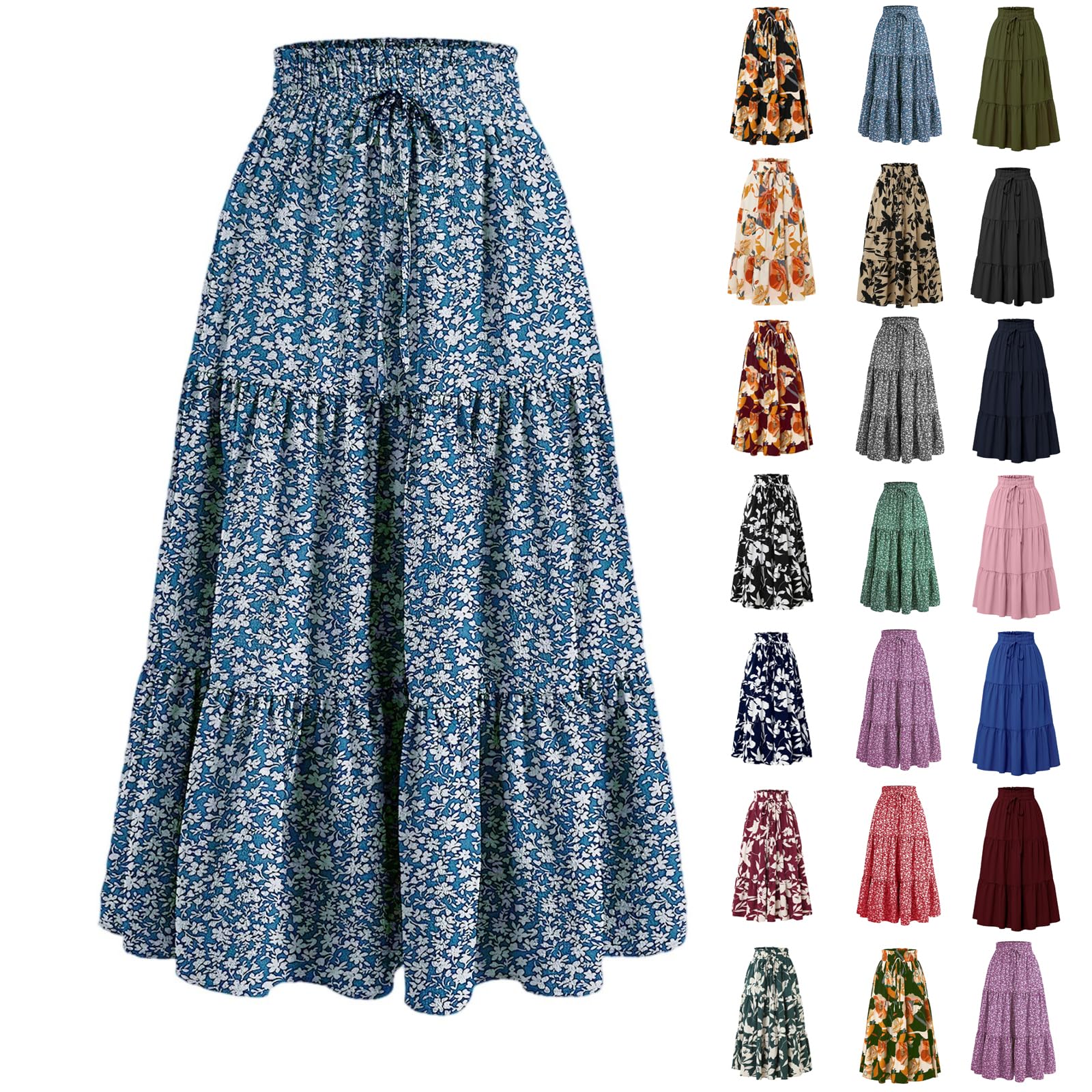 Gumipy Midi Skirts for Women Summer Floral Tiered Ruffle Skirt Midi Length High Waisted A Line Flowy Skirt