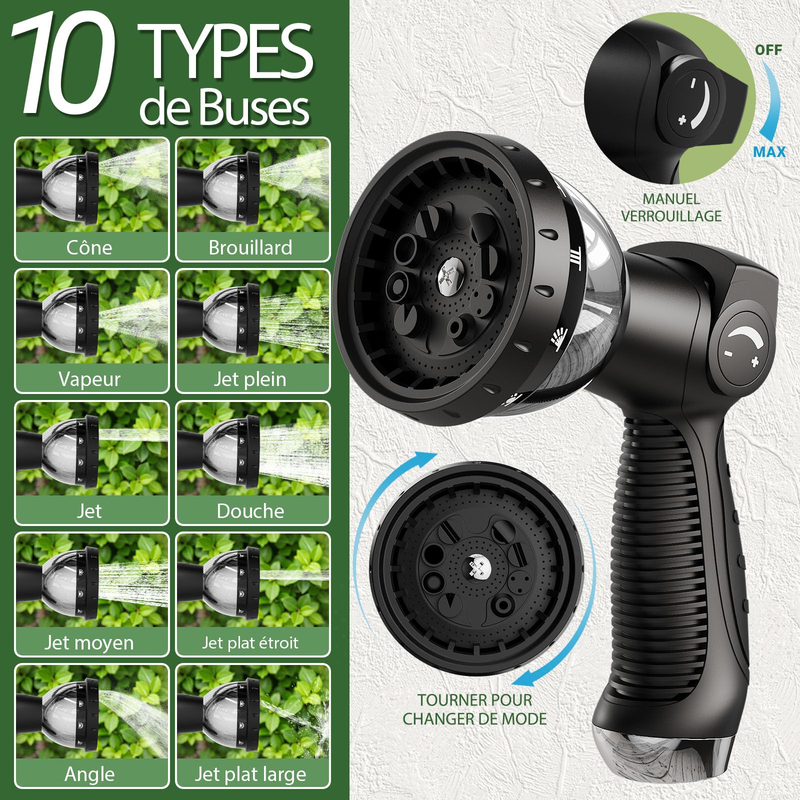 Tuyau Arrosage Extensible 30M - Tuyau D'Arrosage Flexible avec Pistolet à 10 Modes, Raccords Métalliques 1/2" et 3/4" pour Jardin, Lavage Voiture, Nettoyage