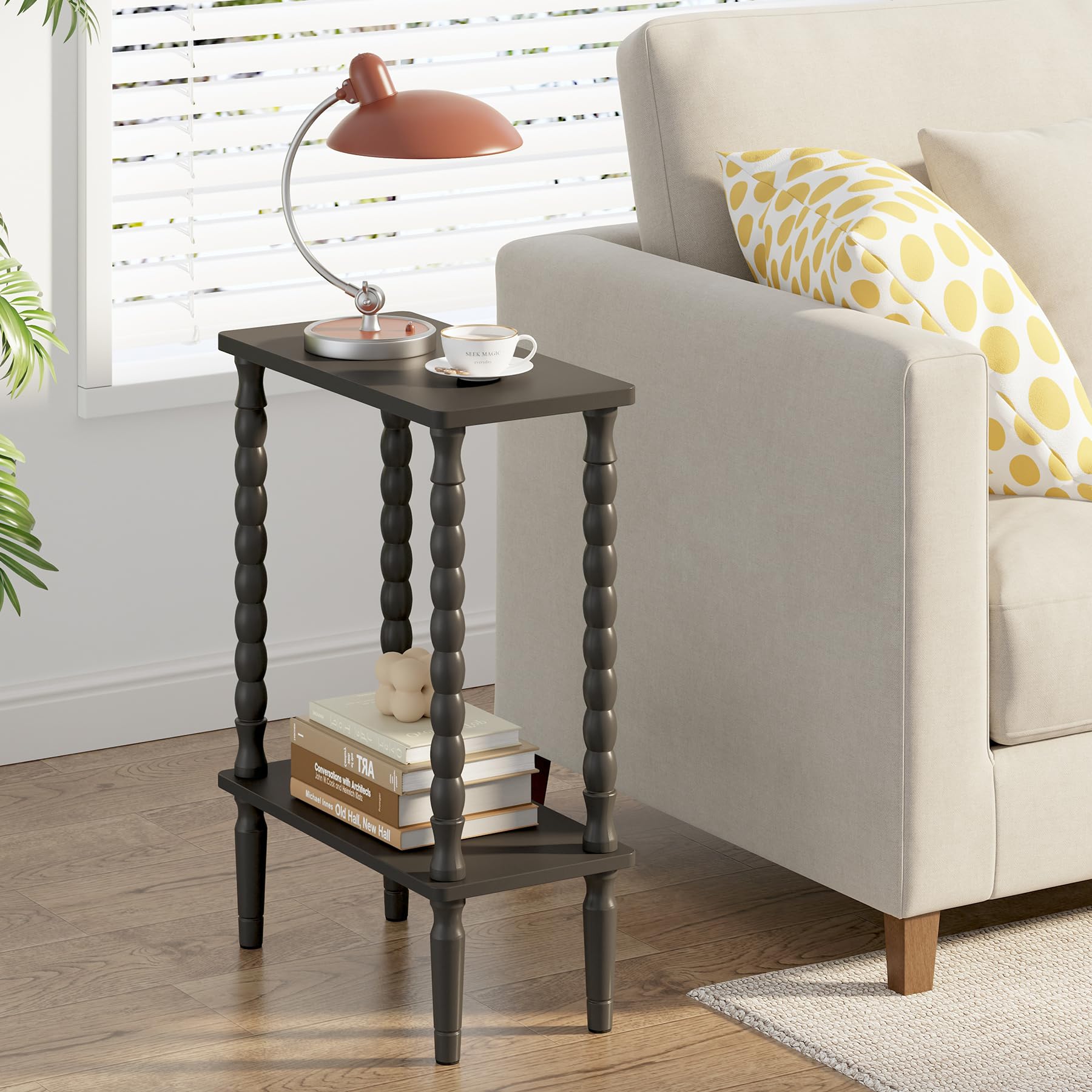 TUTOTAK Narrow Side Table, 2-Tier Small End Table with Storage, Slim Skinny Nightstand for Small Spaces, Living Room, Bedrooms, Black TB01BK001EU