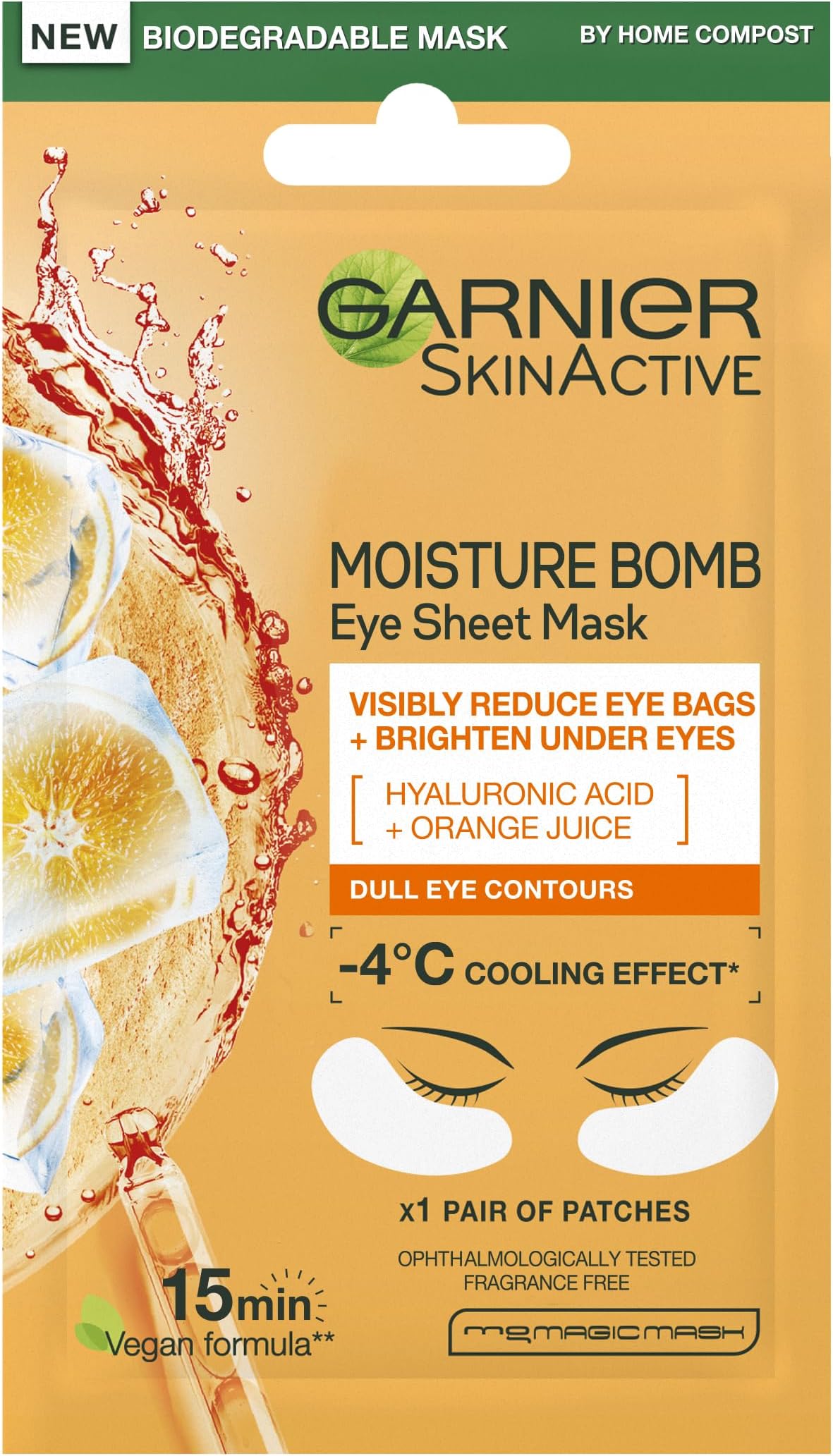 Garnier Moisture Bomb Orange Eye Mask, With Hyaluronic Acid And Orange Juice, Hydrating & Brightening Under Eye Mask, Reduce Appearance of Eye Bags, Vegan Tissue Mask, 6g