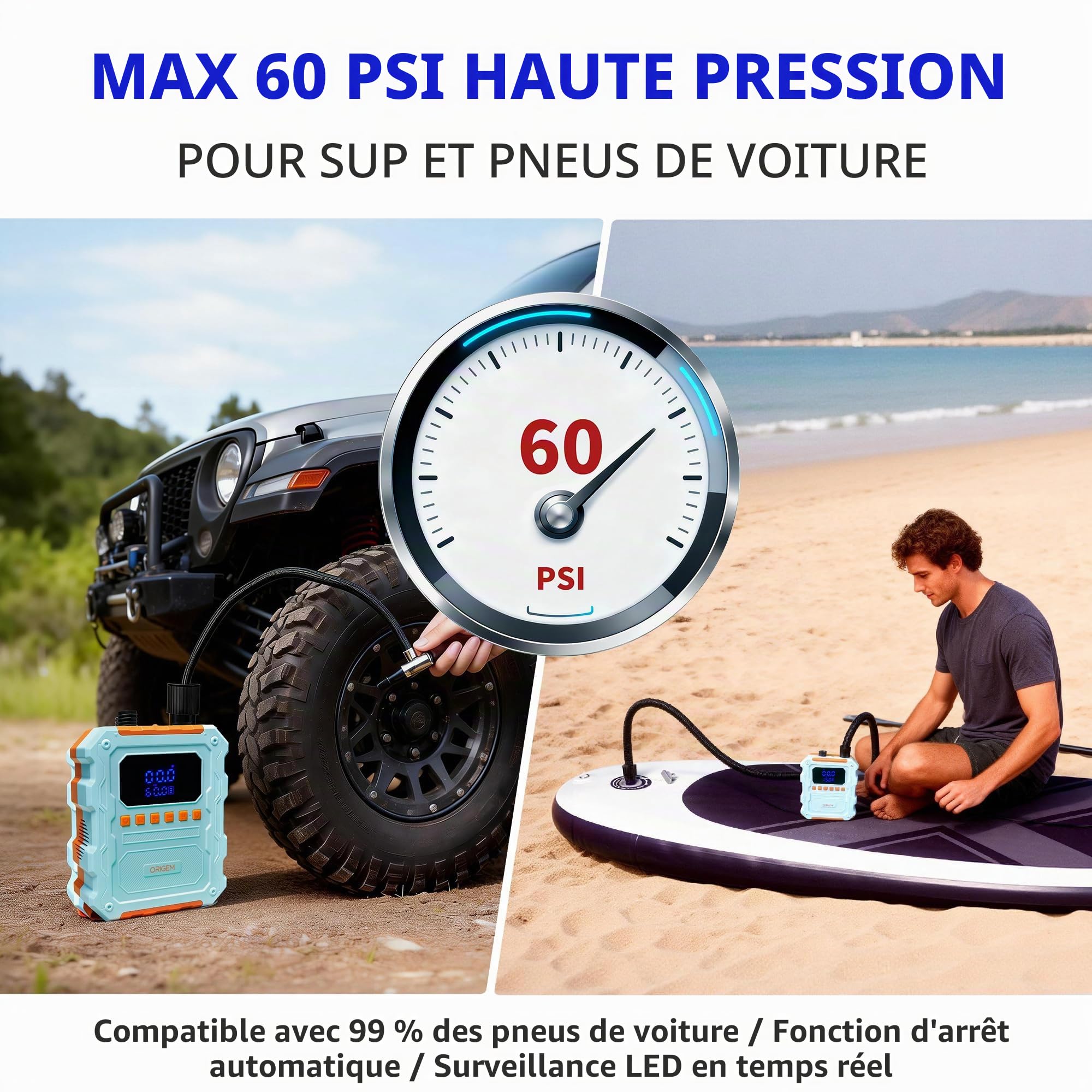 Origem 60 PSI Gonfleur Paddle Électrique, 20800 mAh Pompe Électrique Paddle Rechargeable, Gonflage/Dégonflage en 4 Minutes, 10 Embouts, Pompe Sup pour Planches de Paddle,Kayak, Bateau et Tente