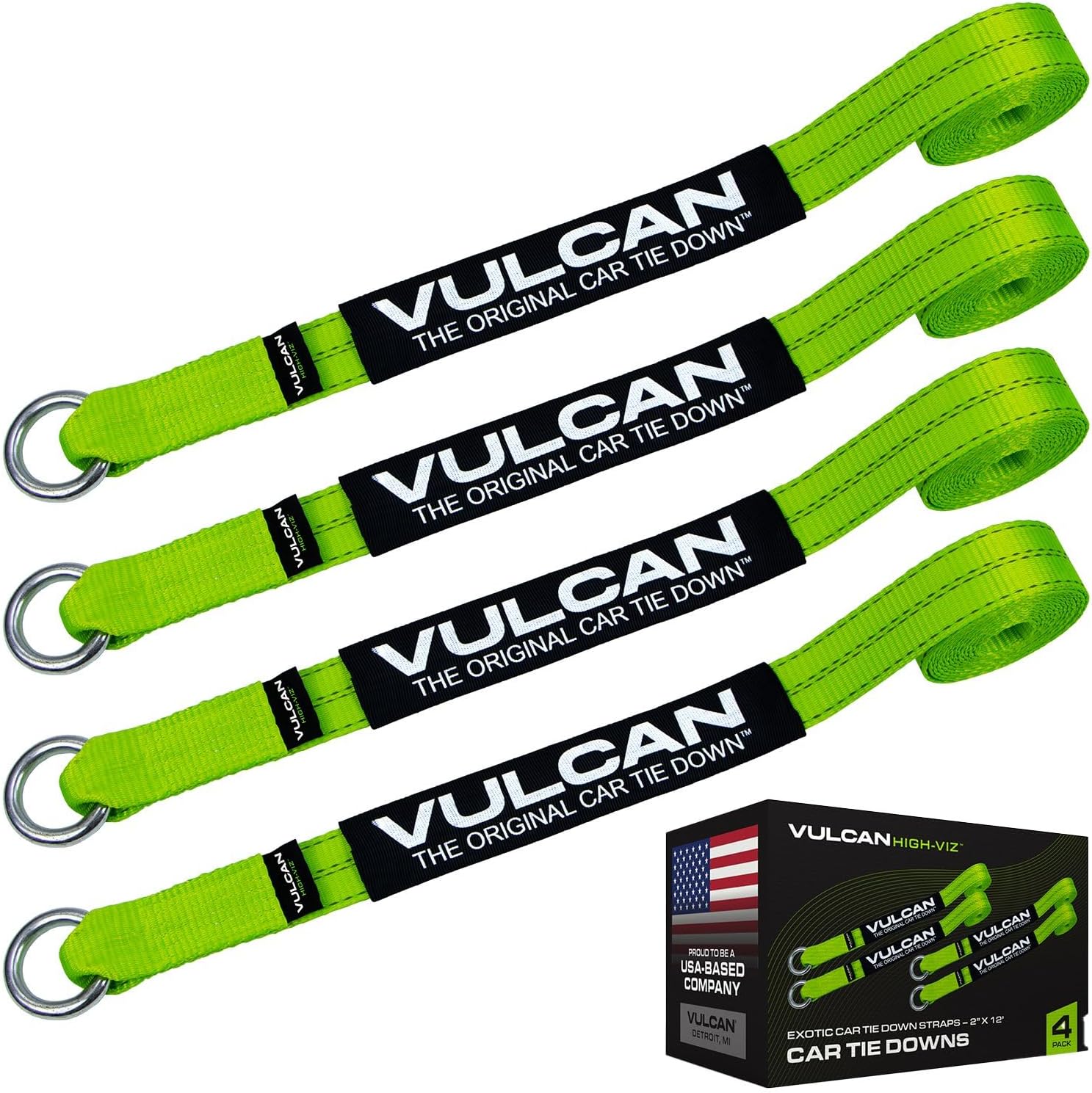 VULCAN Exotic Car Rim Tie Down Set - 2 Inch x 144 Inch - 4 Straps - High-Viz - 3,300 Pound Safe Working Load