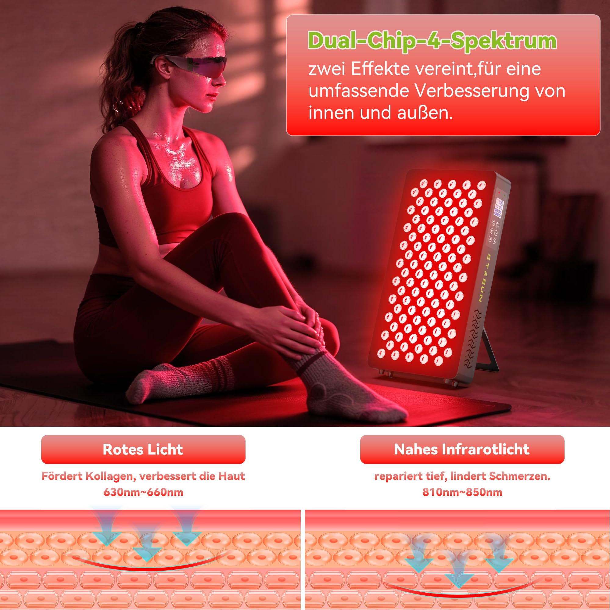 STASUN Dual-Chip Rotlicht Therapiegerät,4 Spektren 660&850nm Vollkörper-Rotlichtlampe,100 LEDs 500W Infrarotlampe für Gesichtsbehandlung, Kosmetik, Muskelaufbau