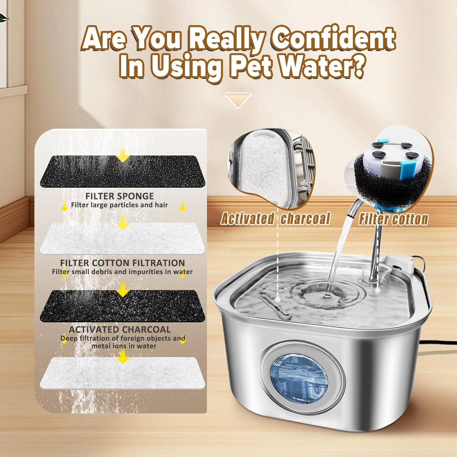 Cat Water Fountain.Stainless Steel Pet Water Dispenser Bowl: 108oz/3.2L.Quiet Pet Water Bowl Dispenser.with Ultra Quiet Pump and Faucet Water Level Window（with 4 Filters and Sponge）