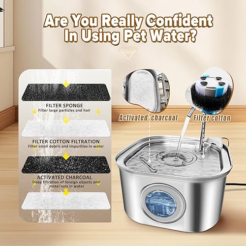 Miniatura 4 de Purrify Fuente de agua para gatos. Tazón dispensador de agua para mascotas de acero inoxidable 108 oz3.2 l. Dispensador de agua silencioso para