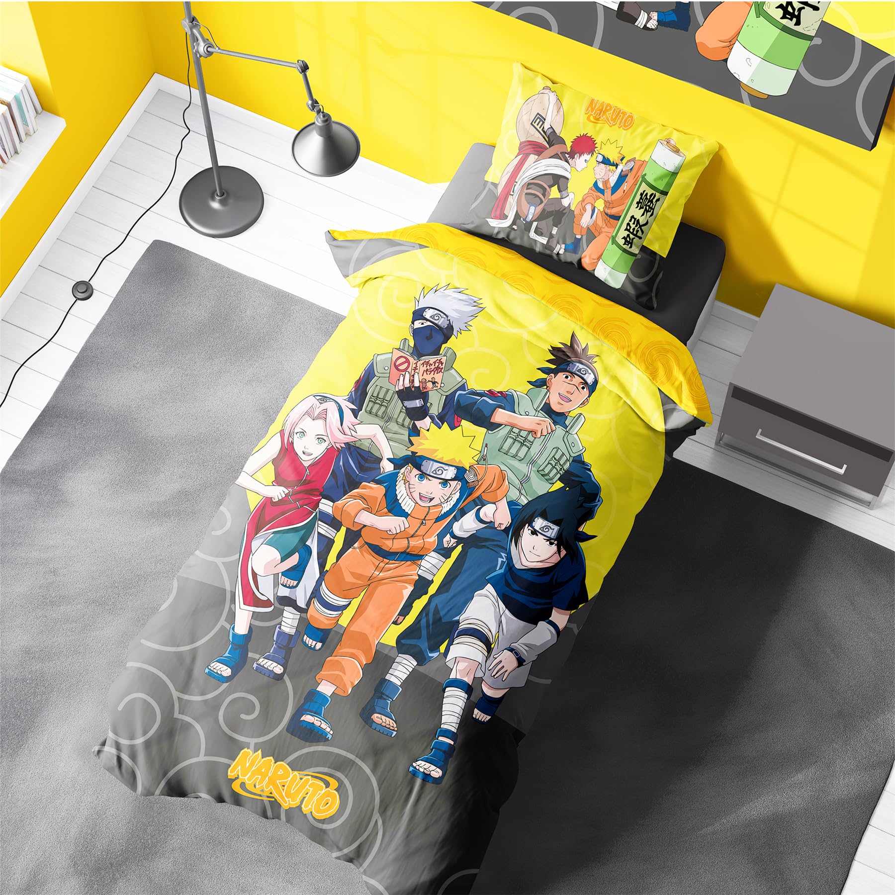 Naruto Yellow Official Single Reversible Duvet Set – 135 X 200 Cm With Pillowcase – Featuring, Kakashi, Sasuke, Sakura For Anime Fans, Machine Washable