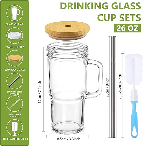 Miniatura 7 de Birity Tazas de vidrio de 24oz con tapas y popotes, vaso de vidrio con asa, 2 juegos Tazas de café helado reutilizables con tapa y popote para