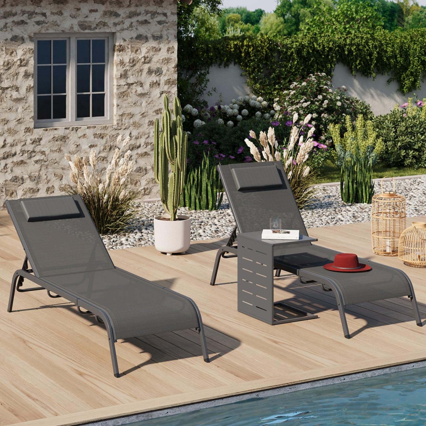 IDMarket - Juego de 2 tumbonas de jardín reclinables Bora con mesa auxiliar modular de acero gris antracita y lona gris