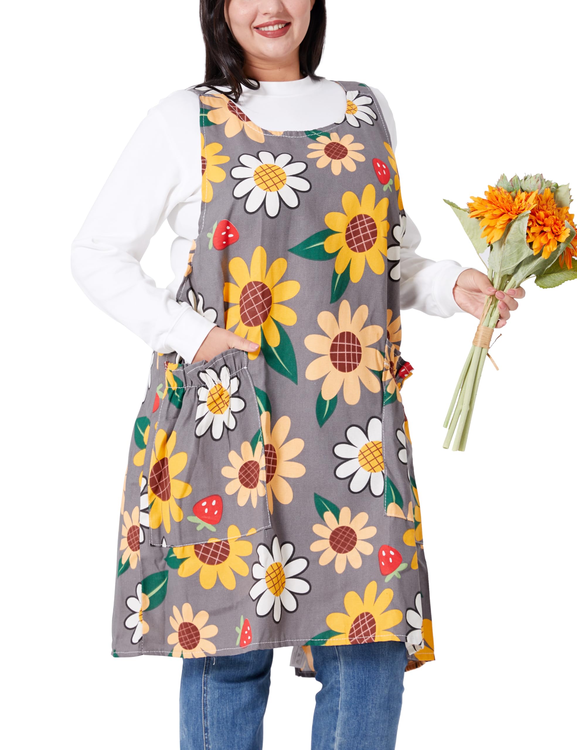 VIKIDEER Comfortable Huge Plus Size Aprons for Women Adjustable Cross Back Floral Cotton Linen Aprons