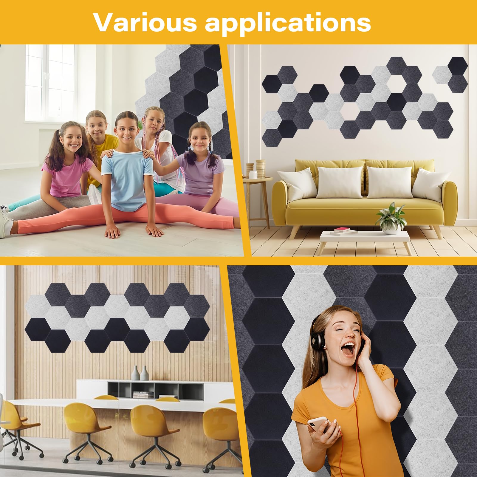 Paneles acústicos, paquete de 12 hexagonales (negro/gris/plateado)