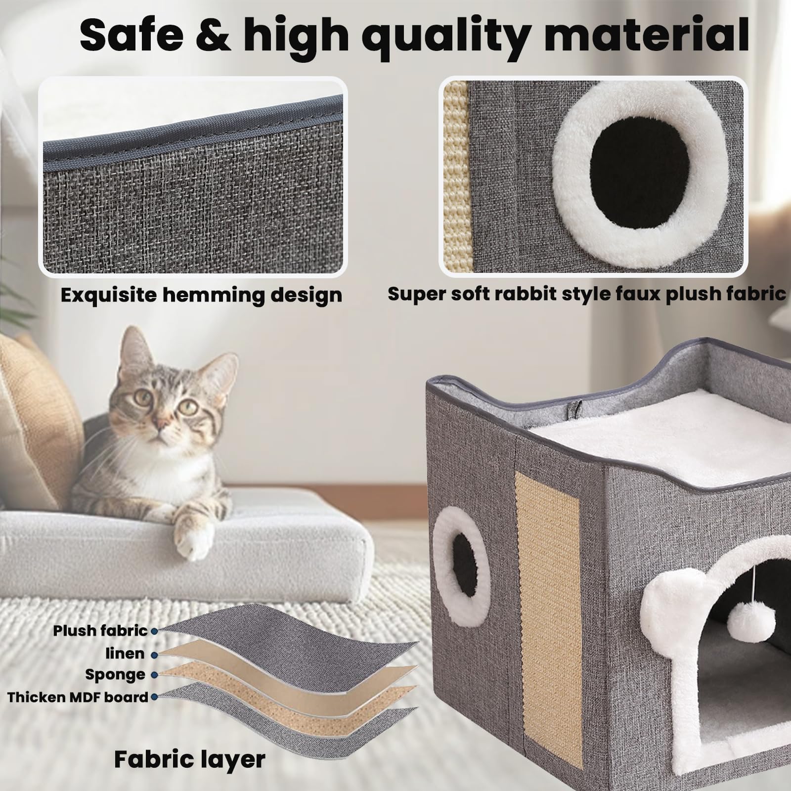 سرير قطط للقطط في الاماكن المغلقة، منزل قطط مكعب متعدد الوظائف مع لوح خدش للقطط وكرة منفوشة، سرير قطط كبير قابل للطي، 40 × 40 × 39 سم (رمادي)
