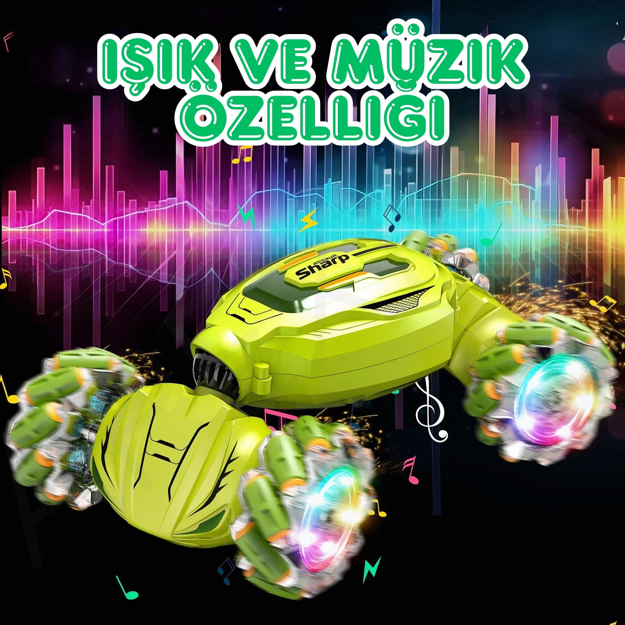 2.4GHz Uzaktan Kumandalı El Sensörlü 4WD Sesli Işıklı Müzikli Şarjlı Akrobat Araba