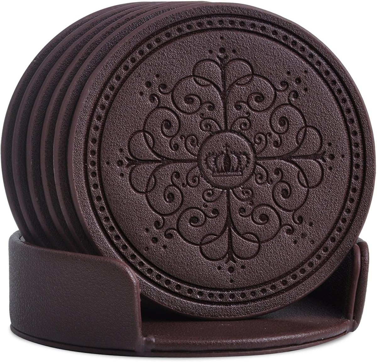 Coasters Set,Classic Pattern Faux Leather Coaster Set of 6 with Holder Protect Furniture by Happydavid (brown round)
