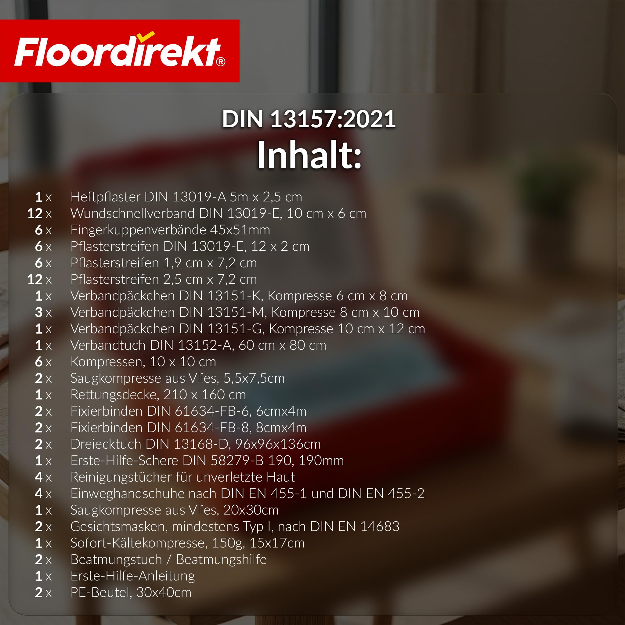Floordirekt Erste Hilfe Kasten - DIN 13157:2021 - inkl. Wandhalterung, 5x Aufkleber & Plombe - Verbandskasten Betrieb - Erste Hilfe Koffer für Betrieb - Büro & Zuhause (Erste Hilfe Set)