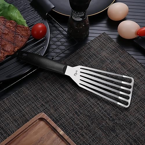 Miniatura 8 de MIU - Espátula de pescado de acero inoxidable, metal flexible ranurado, espátula ligera para barbacoa, hoja de 6.5 pulgadas, mango de plástico con