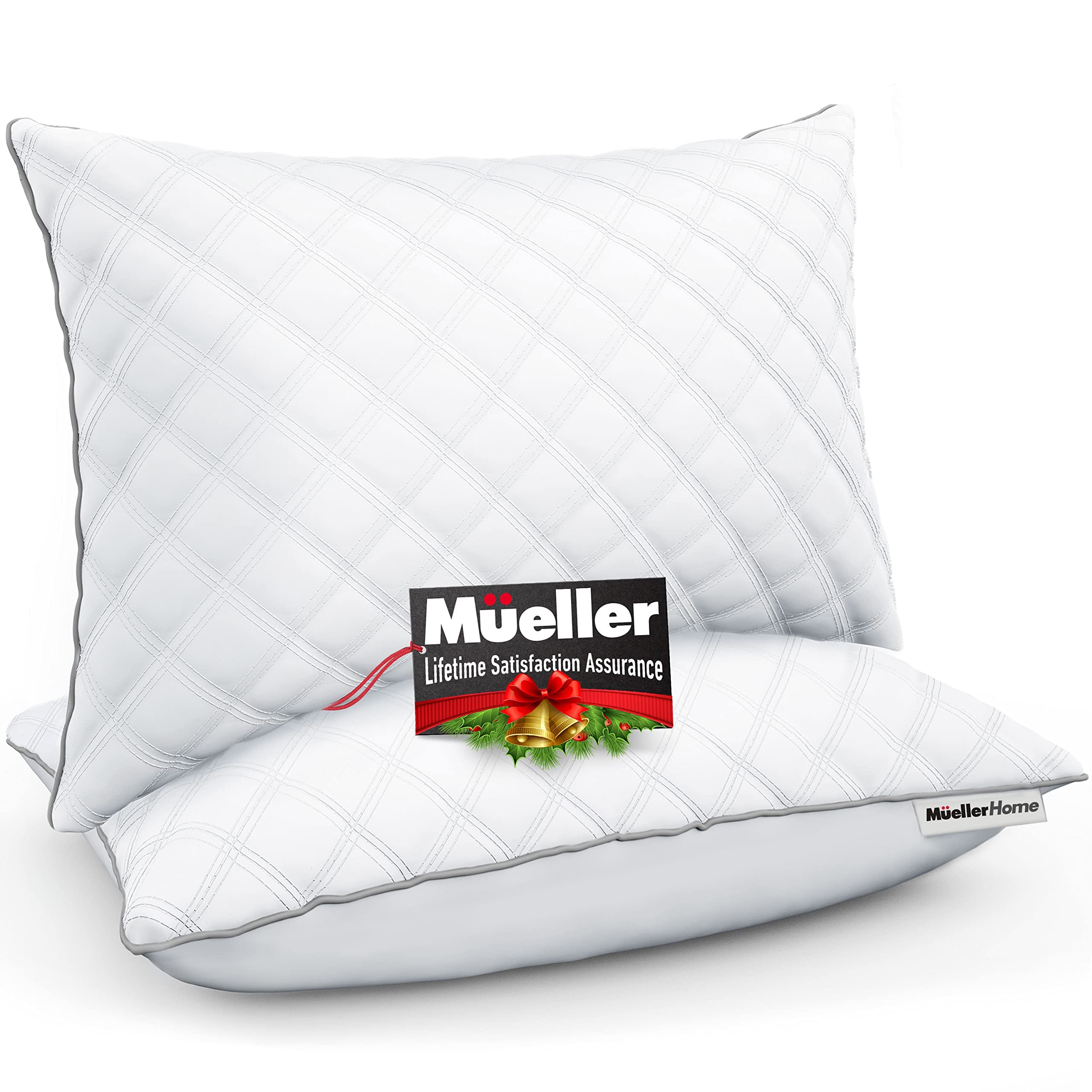 MuellerPremium Bed Pillows, European Made Hotel Collection, Cooling 7D Gel Pillows, Pillow for Back Stomach or Side Sleepers, 2 Pack Queen Size with 100% Natural Damask Cotton Case