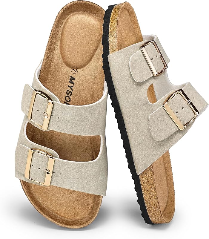 mysoft Womens Flat Sandals Cork Footbed Slides with 2 Straps | Adjustable Buckle Slip On Comfortable Casual Light Weight Summer sandals