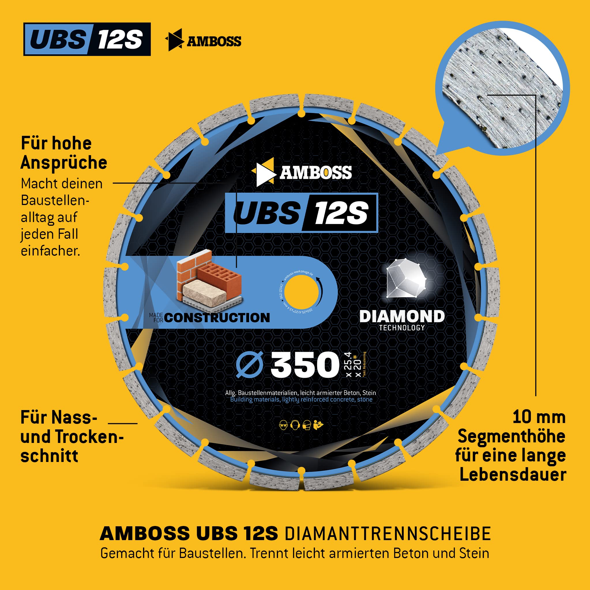 Amboss UBS 12S "Standard" - Disco da taglio diamantato, per cemento/pietra, diametro & foro a scelta, altezza segmento: 10 mm (sinterizzato), Ø 350 mm x 25,4 mm, 1