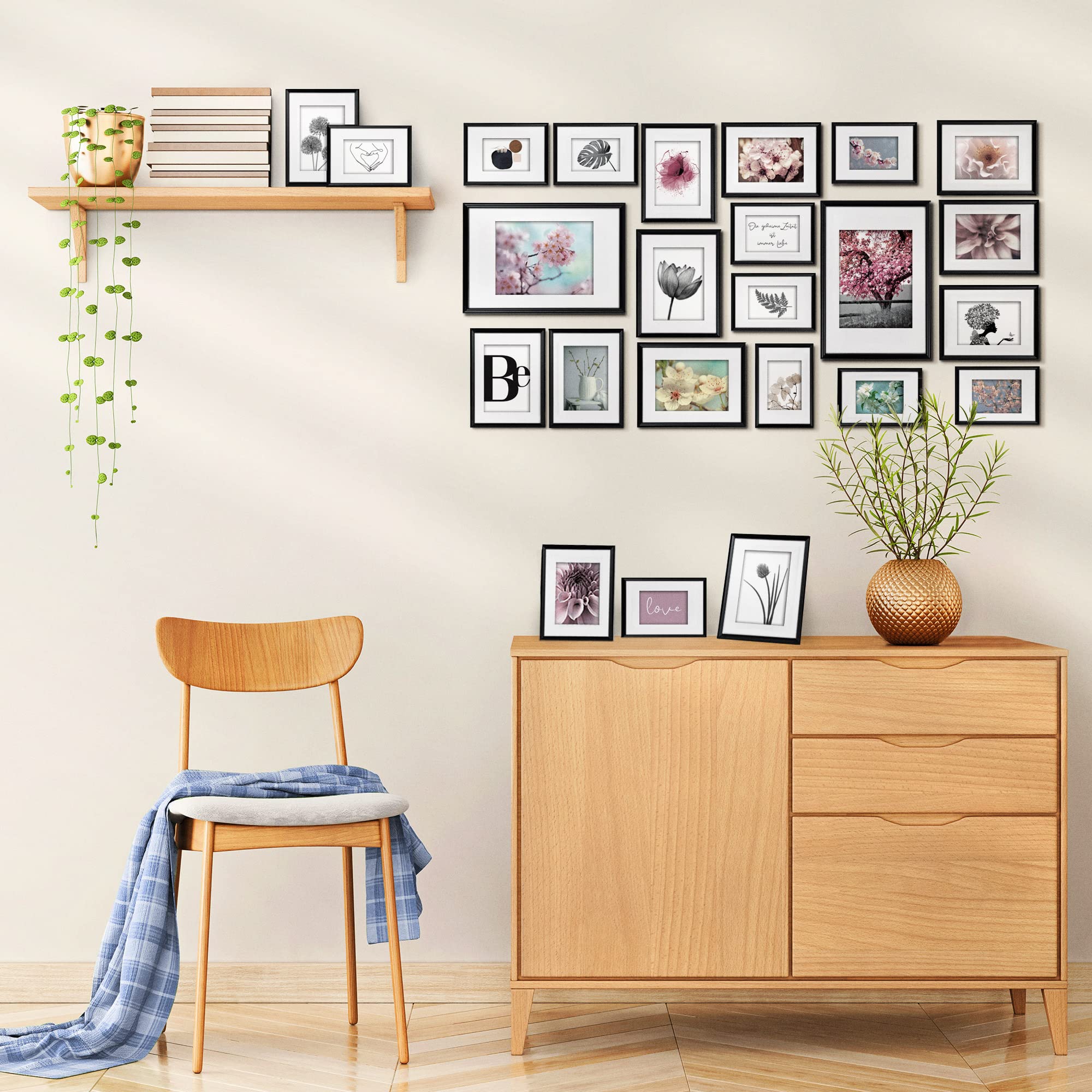 bomoe Bilderrahmen 24-teilig für Fotocollagen mit Passepartout | 10x10x15cm 8x13x18cm 4x15x20 2x20x30 Schwarz Kunststoff & Kunststoffglas Bilder Rahmen Fotocollage Wand Blossom