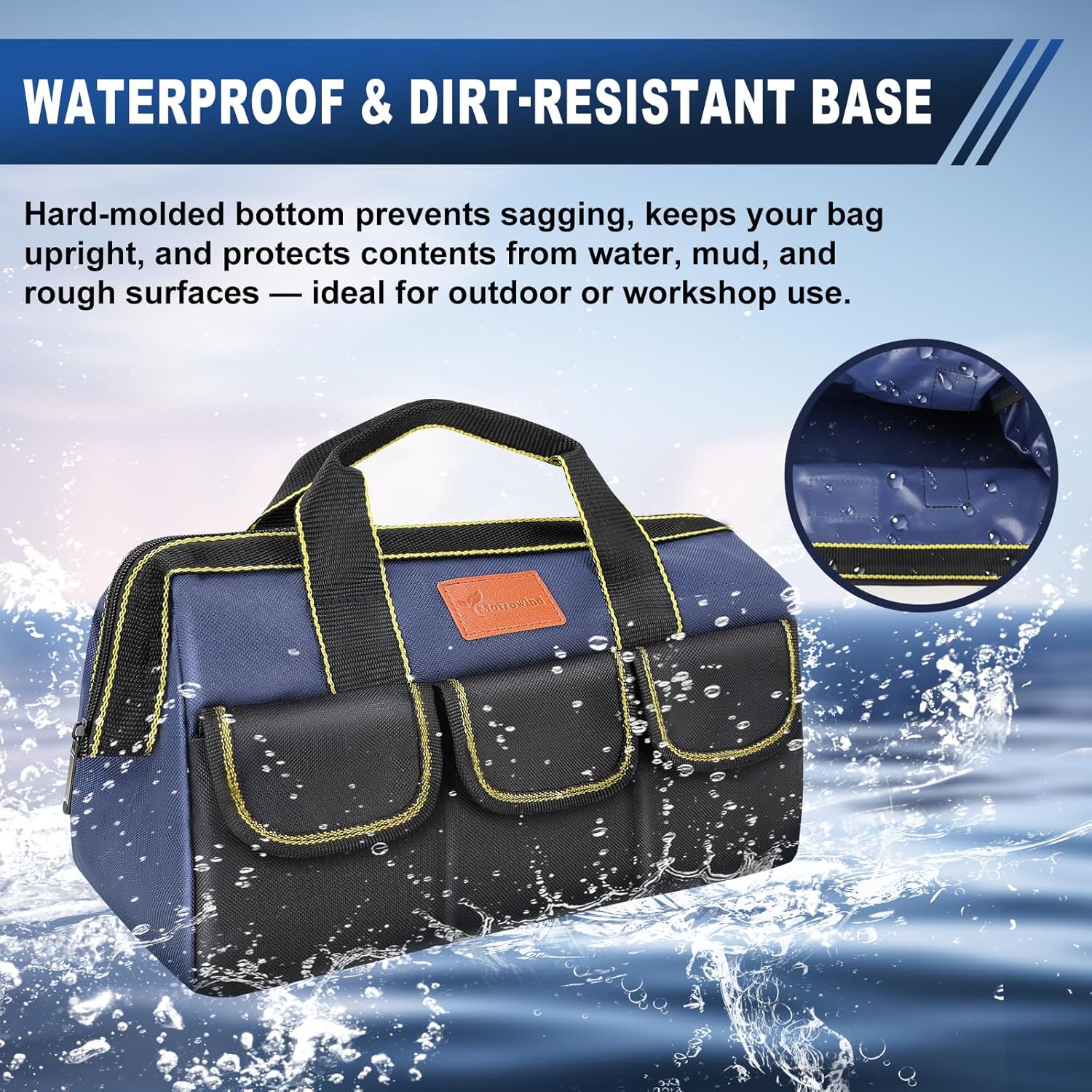 12-Inch Tool Bag with Waterproof Hard Bottom, Durable Wide Mouth Tote Tool Organizer with Multiple Pockets for Electricians Carpenters Mechanics and DIY Projects, Blue