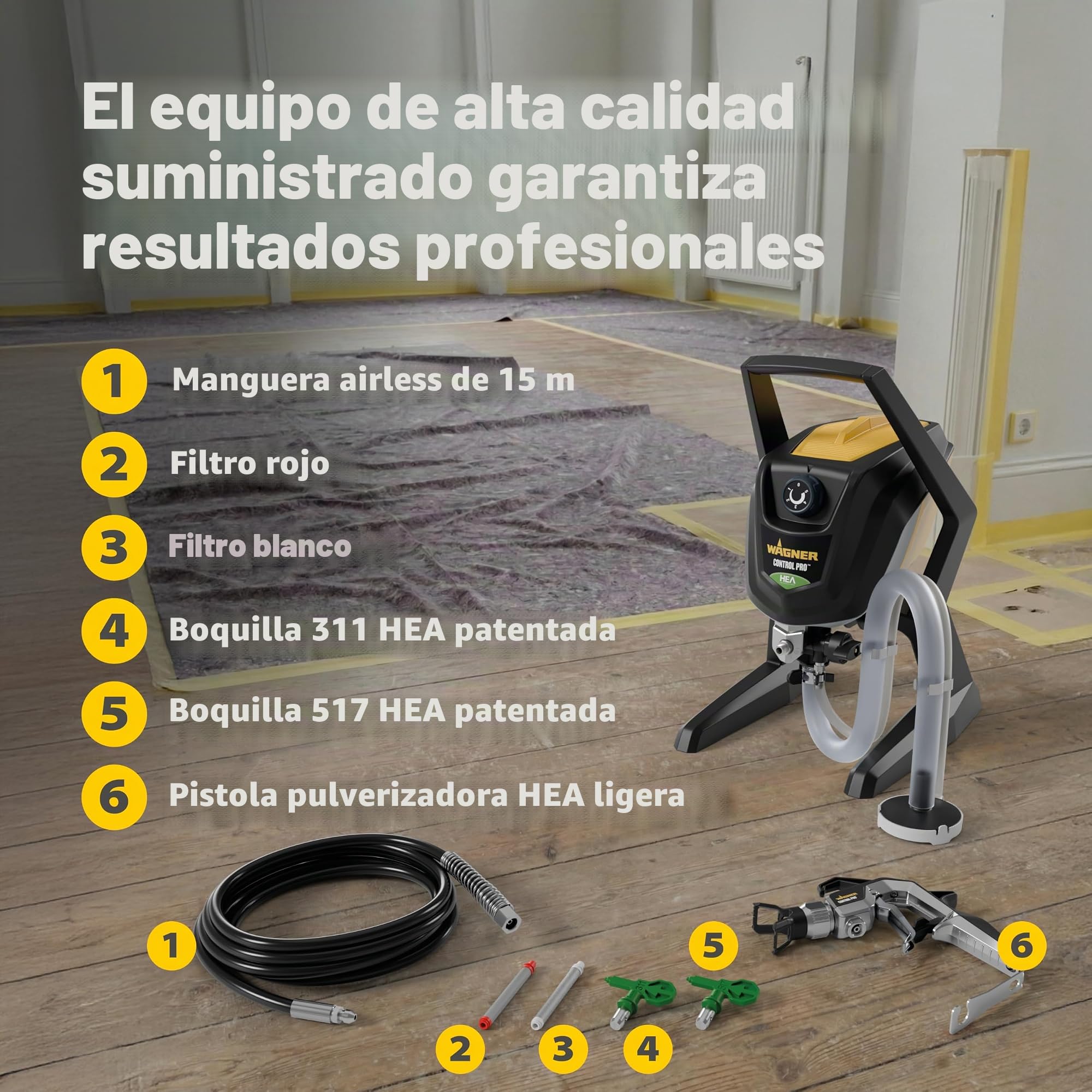 Wagner Airless ControlPro 350 R,Pulverizador de pintura para pared y techo/madera y metal,uso interior y exterior, cubre 15 m² en 2 min, 110 bar, presión de pulverización ajustable, manguera de 15 m