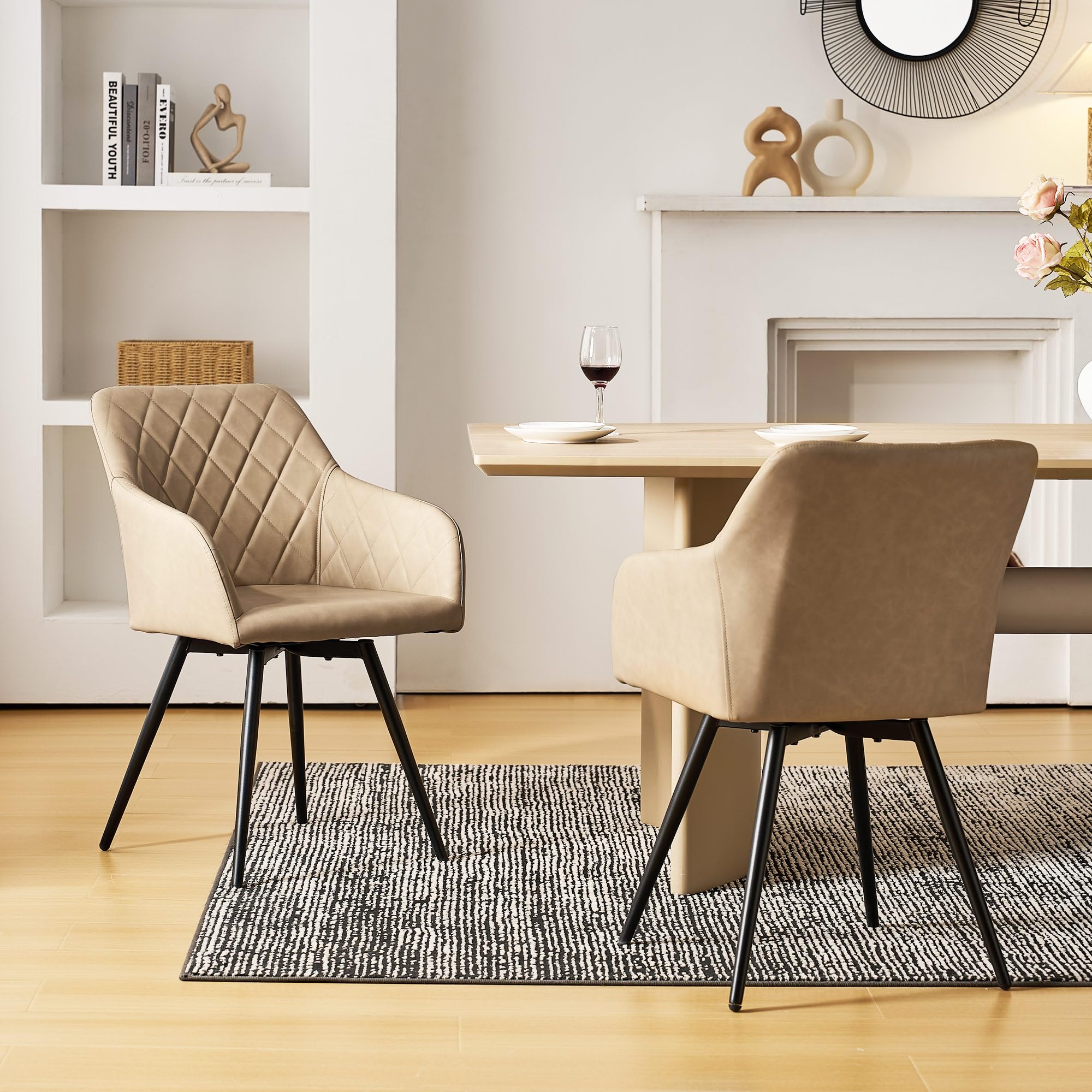 CLIPOP 360 Swivel Dining Chairs Set of 2 Faux Leather with Arms Upholstered Kitchen Chair Metal Legs Desk Chair no Wheels for Living Room Bedroom Office (faux leather-cream, set of 2)