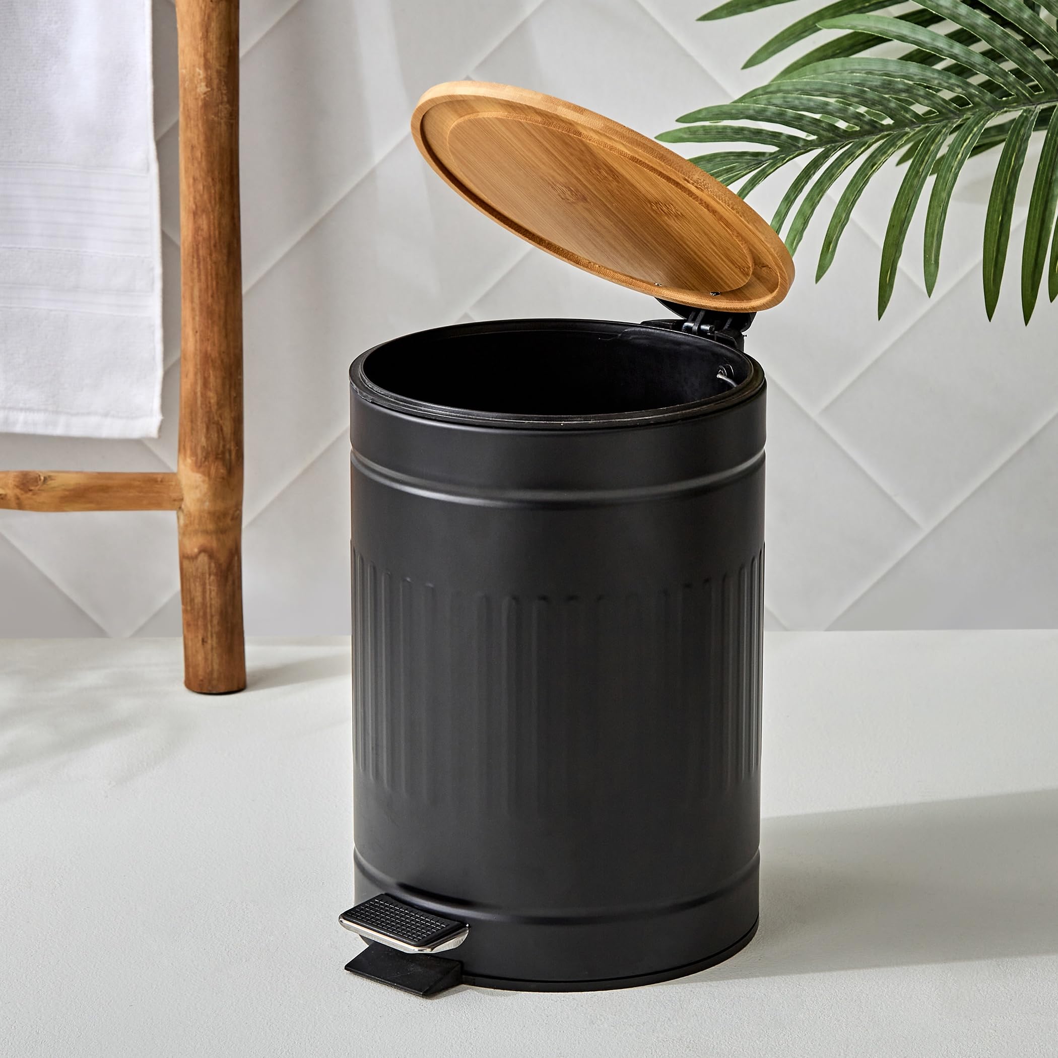 Home Centre Sedona Flute Metal Pedal Waste Bin with Bamboo Lid - 7L