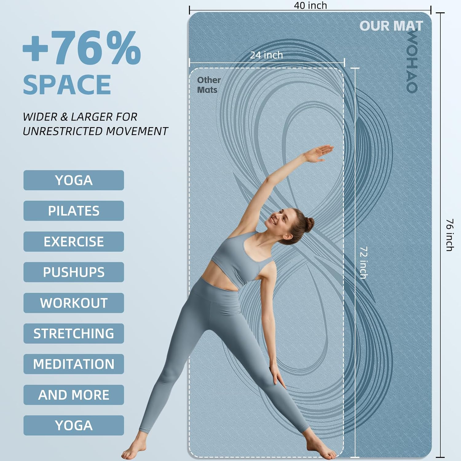 Large 76"x40"x0.4" Yoga Mat - Extra Width & Thick Non-Slip Exercise Mat, Versatile for Stretching, Yoga Studio, Gym, Home & Indoor/Outdoor Workouts - Image 2