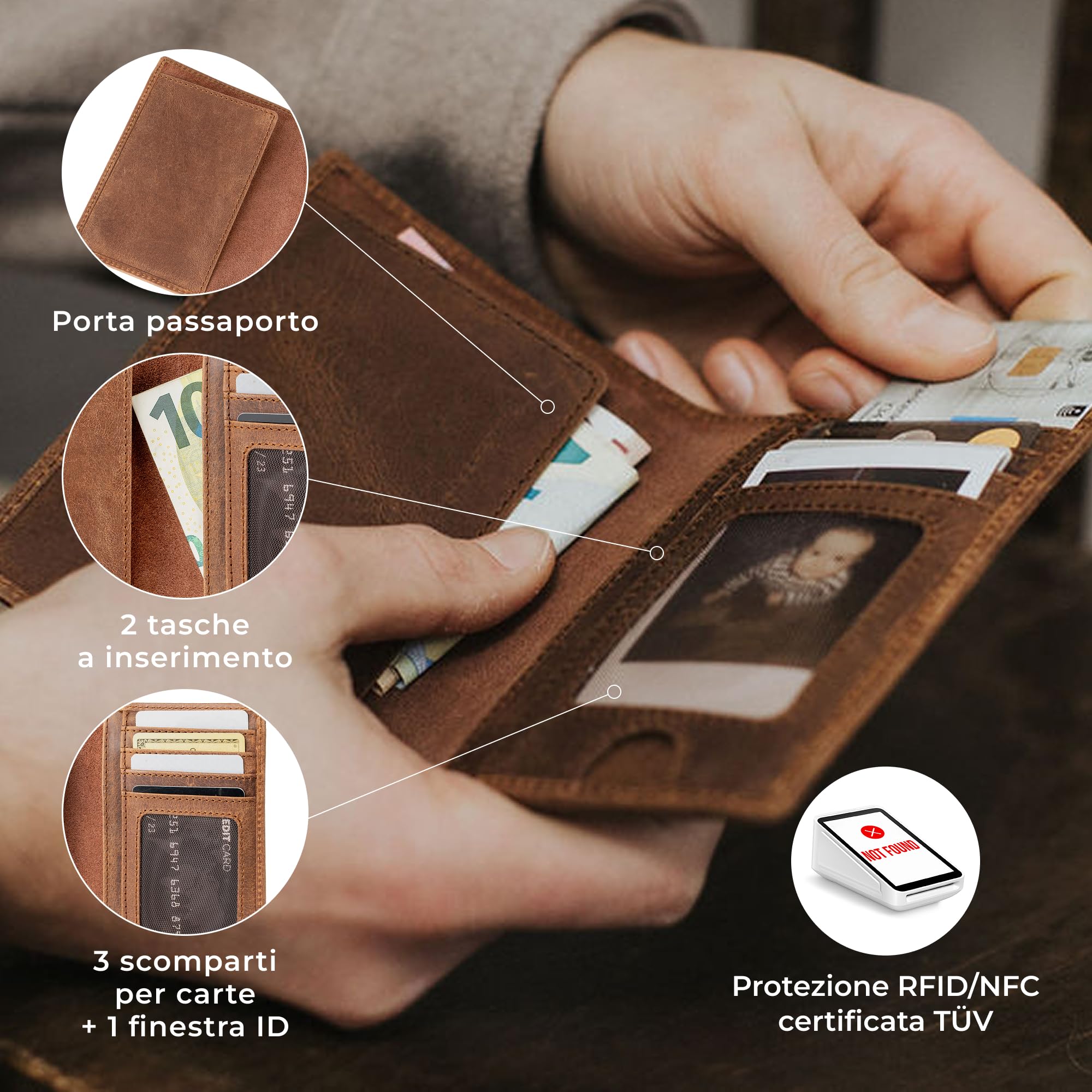 Berliner Bags Oskar Portadocumenti da Viaggio in Vera Pelle, per Uomo con Protezione RFID e Scomparti per Carte, Documenti e Banconote – Marrone