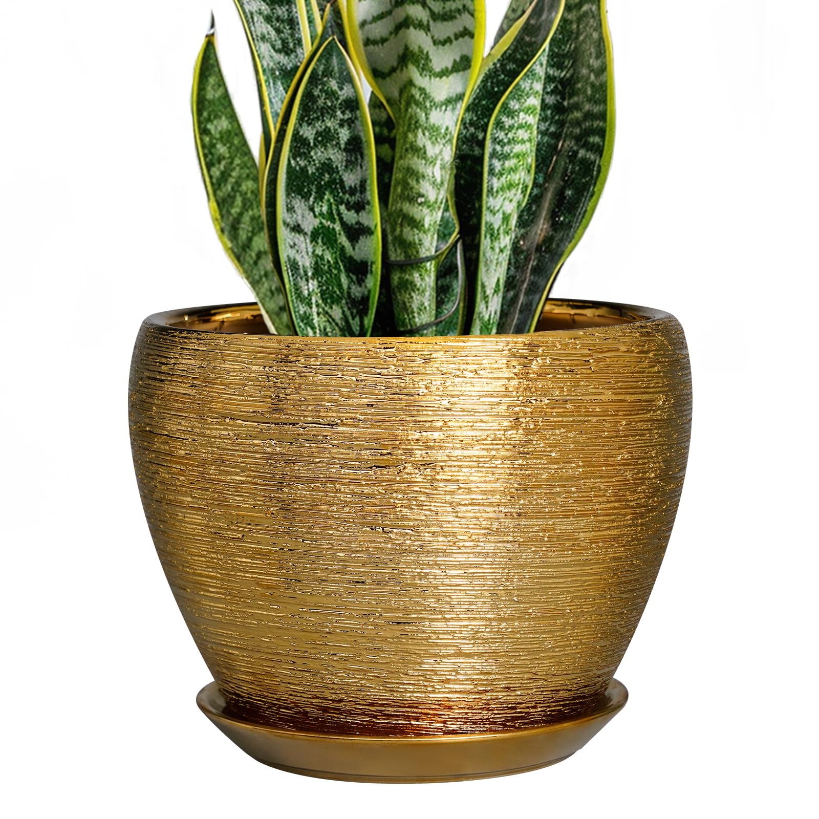 Ceramic Plant Pot 8 Inch - Planter for Outdoor Plants Indoor Plant Pot with Drainage Hole and Saucer Decorative Round Planter Modern Flower Pot for House Decor Gold