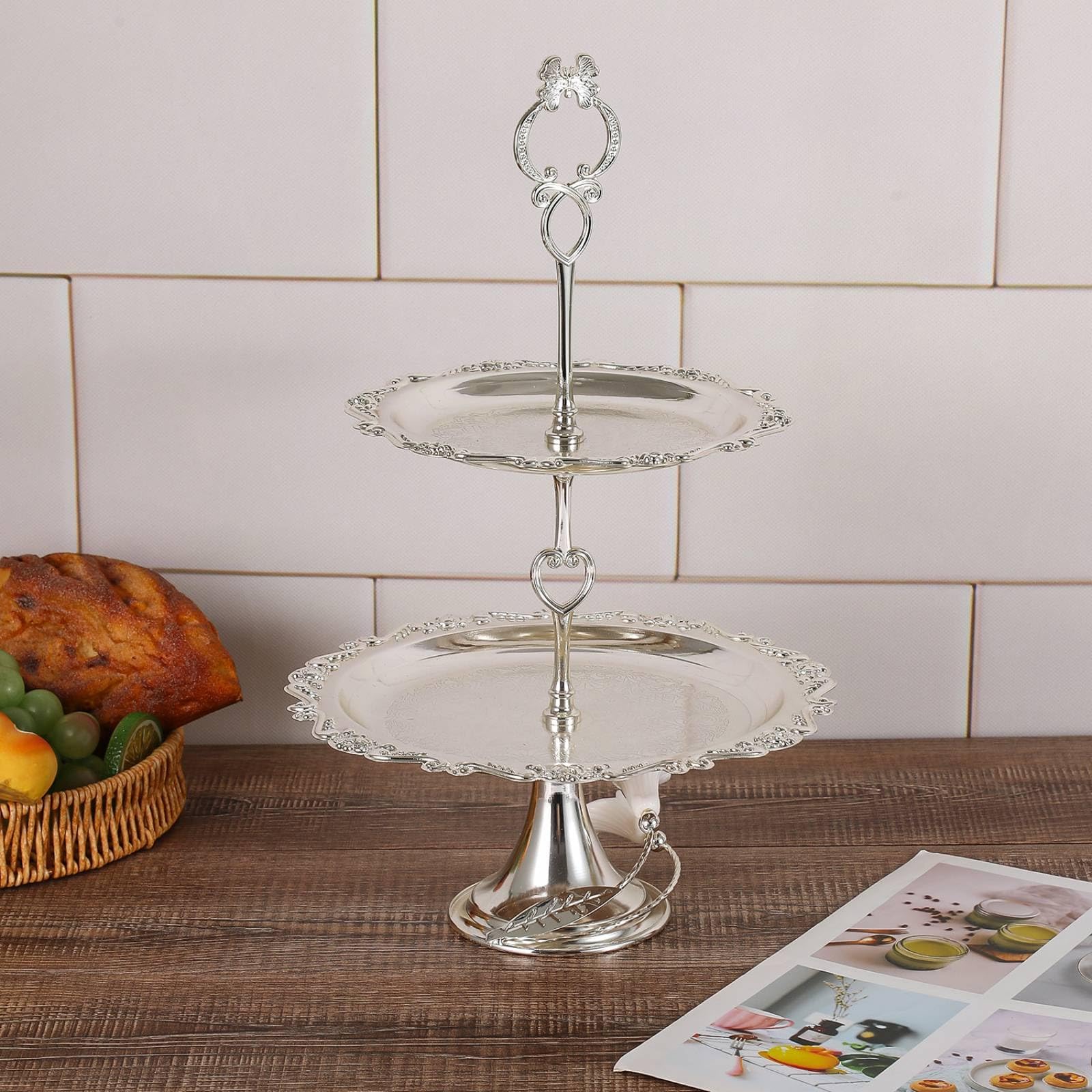 predolo Alzata a Due Piani Decorativa Alzata con Manico Versatile Supporto per Buffet, Matrimonio , Argento