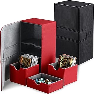 2 Boxes Double Deck Card Boxes Compatible with MTG Cards Leather Deck Card Boxes for 200+ Sleeved Cards Twin Flip Deck Case with 3 Tray Fits Commander Decks for Trading Card Games (Red, Black)