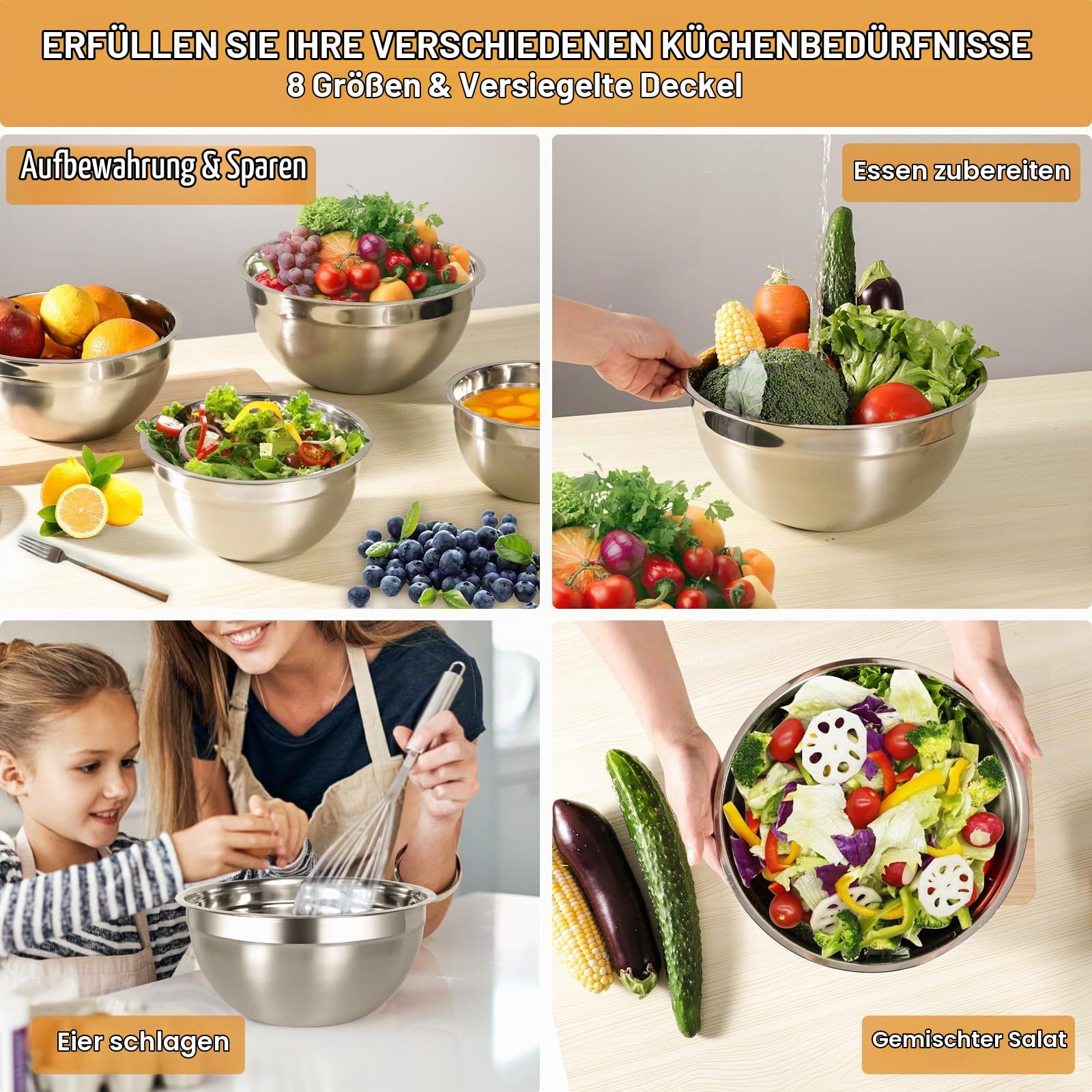 Cinnani Edelstahl Schüssel Set 8-teilig, Edelstahlschüssel Edelstahl Rührschüssel, Salatschüssel,Küchenschüssel mit Deckeln, Multifunktional schüsseln,Stapelbar
