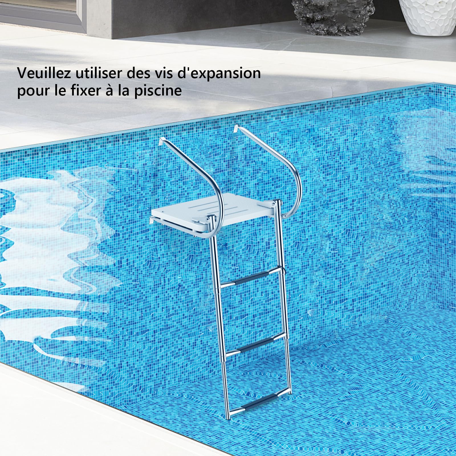 GOPLUS - Escalera de plataforma de 3 escalones de fibra de vidrio, escalera telescópica de acero inoxidable plegable para barco pontón con 2 rampas, pasos antideslizantes, para yate